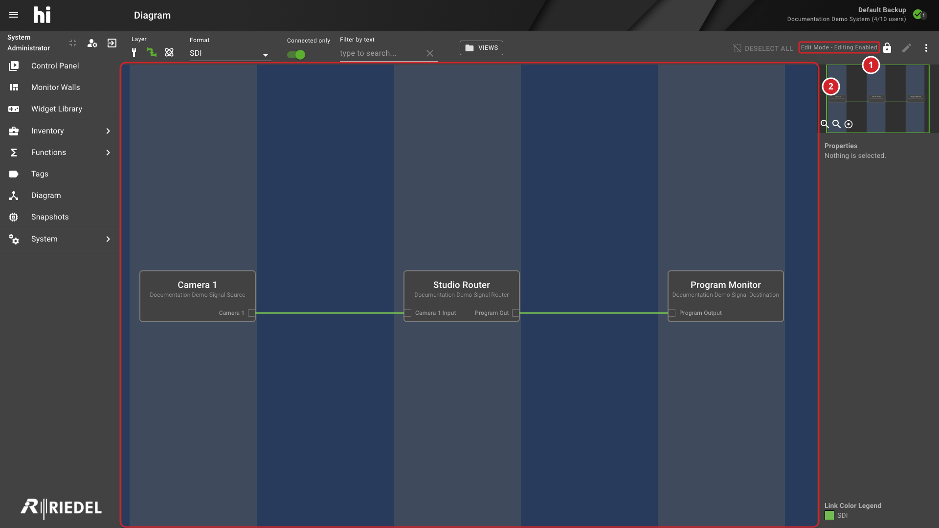 Diagram in Edit Mode with the Editing State and Striped Canvas Annotated