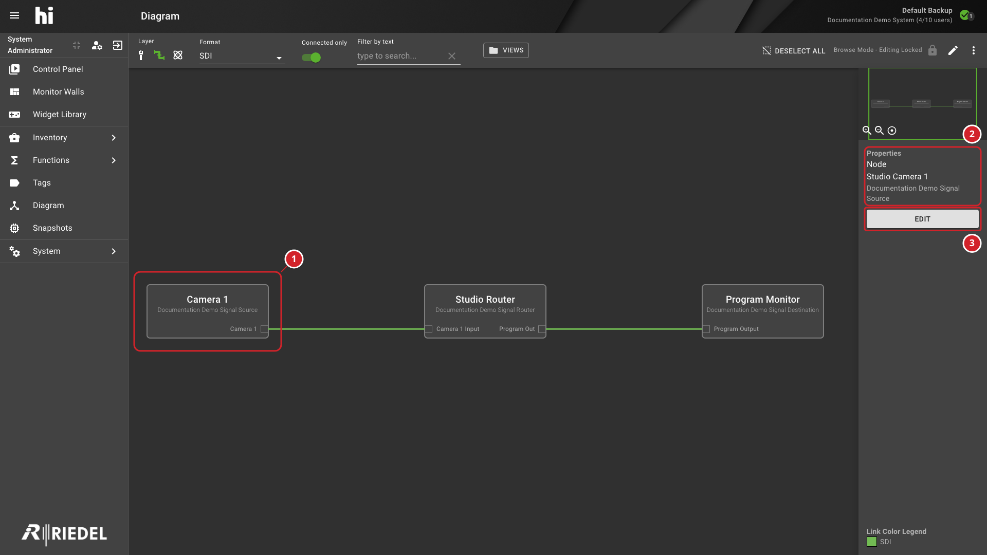 Diagram Sidebar Showing a Selected Device Node and Its Settings Link