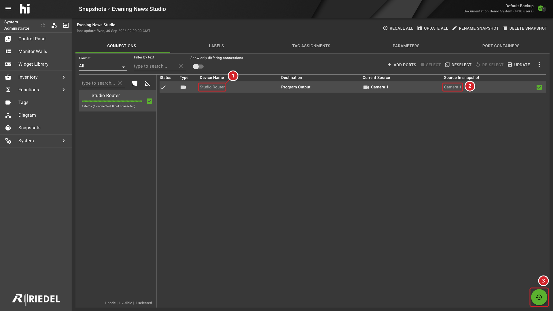 Snapshot Detail View With One Saved Connection Selected for Selective Recall
