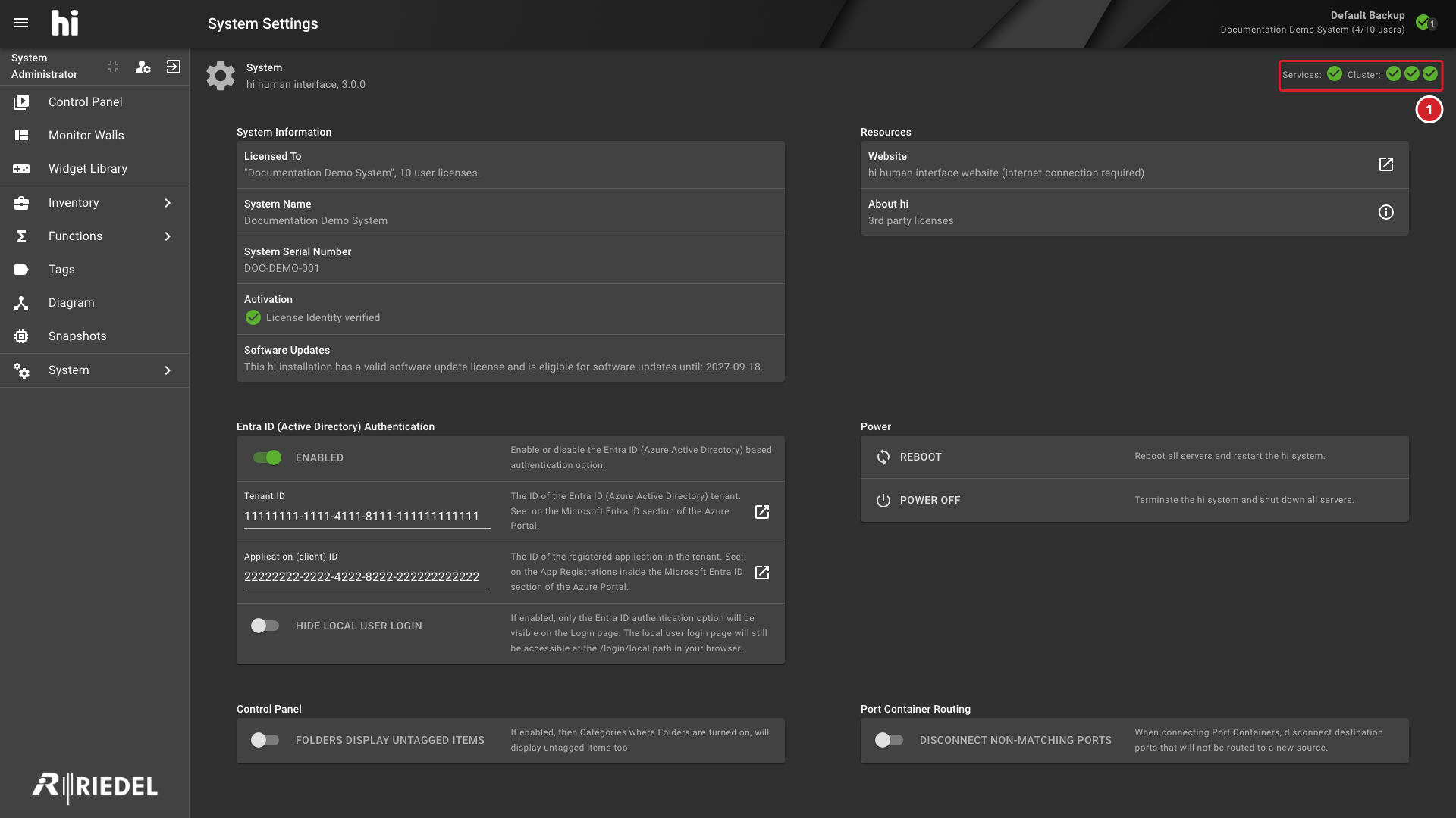 System Status Showing Healthy Services and Three Cluster Node Icons