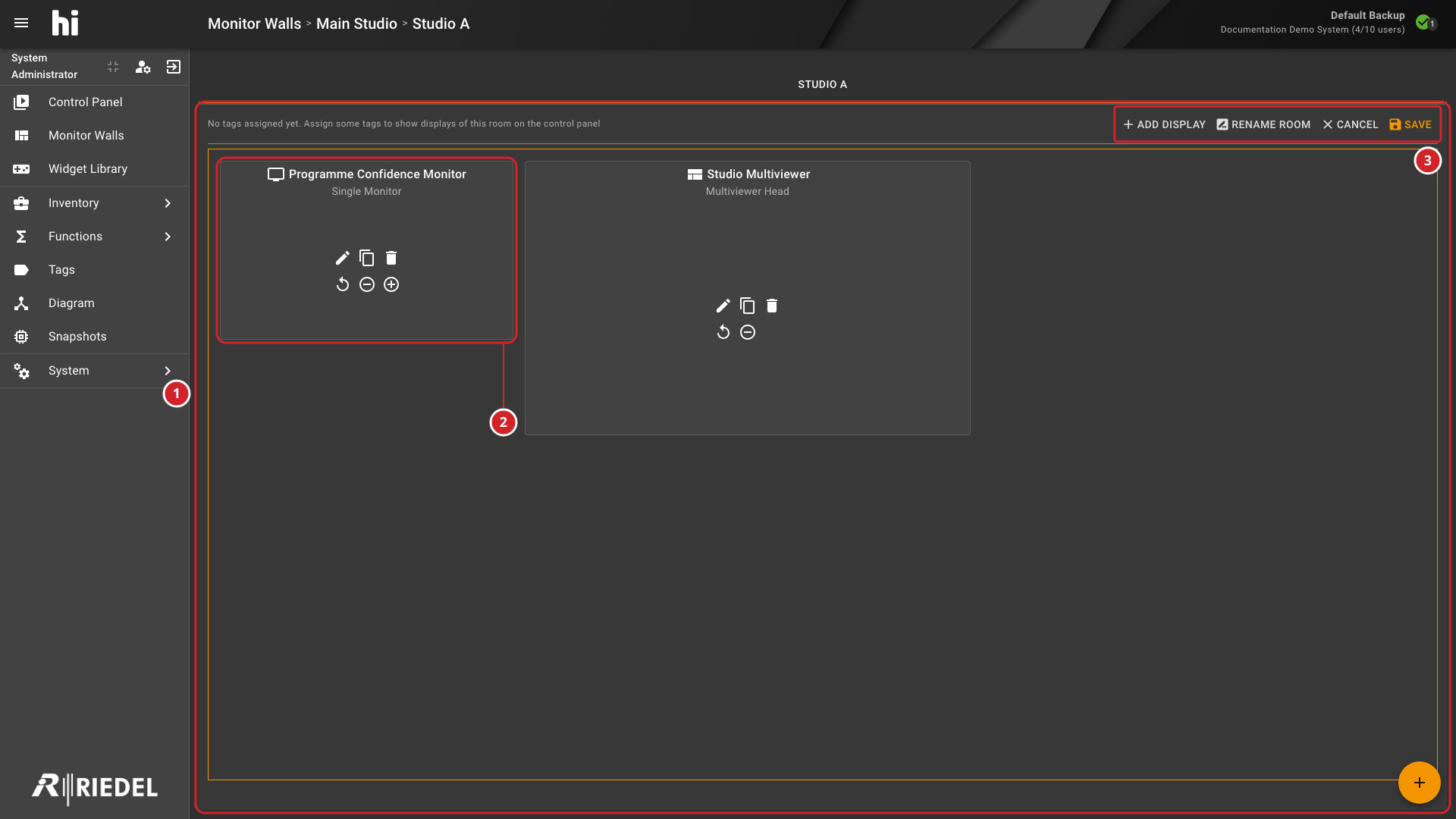 Display Card Controls for Editing a Monitor Wall Layout