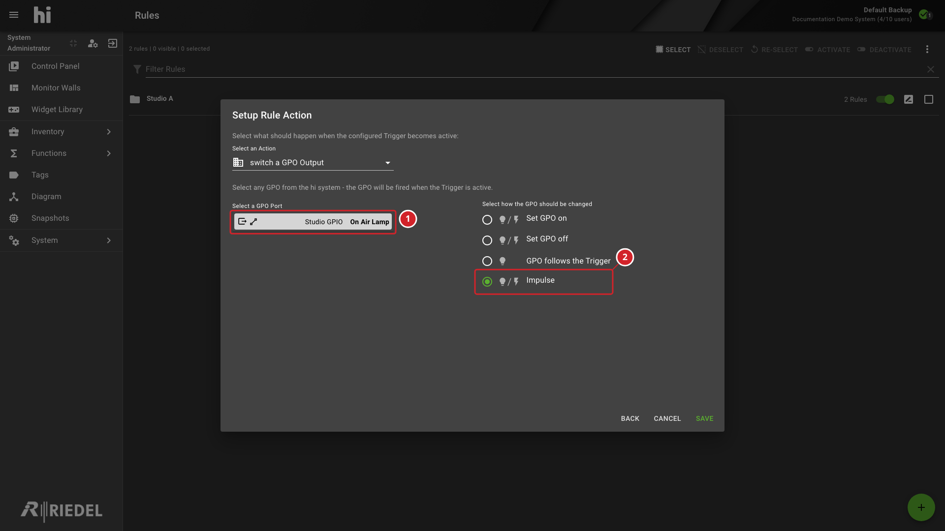GPO Action with Impulse Selected and Its Controls Annotated