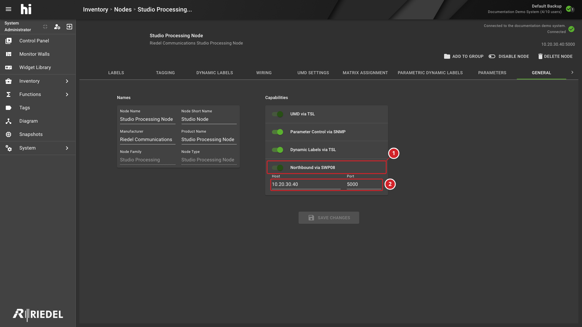 Northbound Node General settings showing the enabled SW-P-08 capability and endpoint configuration
