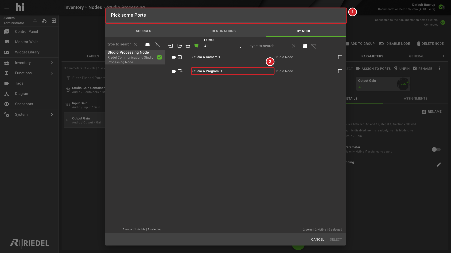 Port Picker opened from Assign to Ports for a pinned parameter