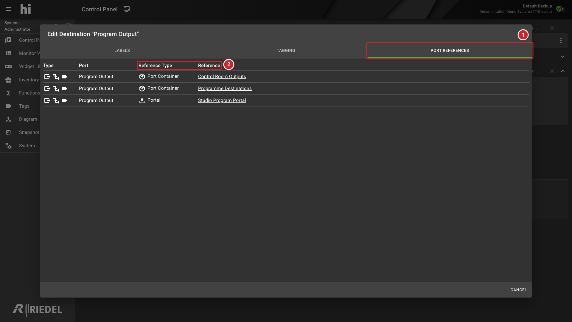 Port References Tab Showing the Port Containers and Portal Using the Selected Destination