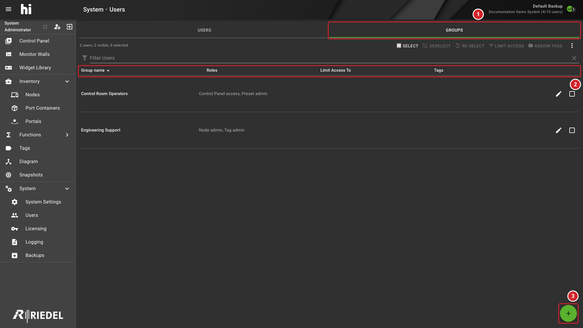 Entra ID User Groups Tab Showing Group Names, Roles, Limit Access, and Tags