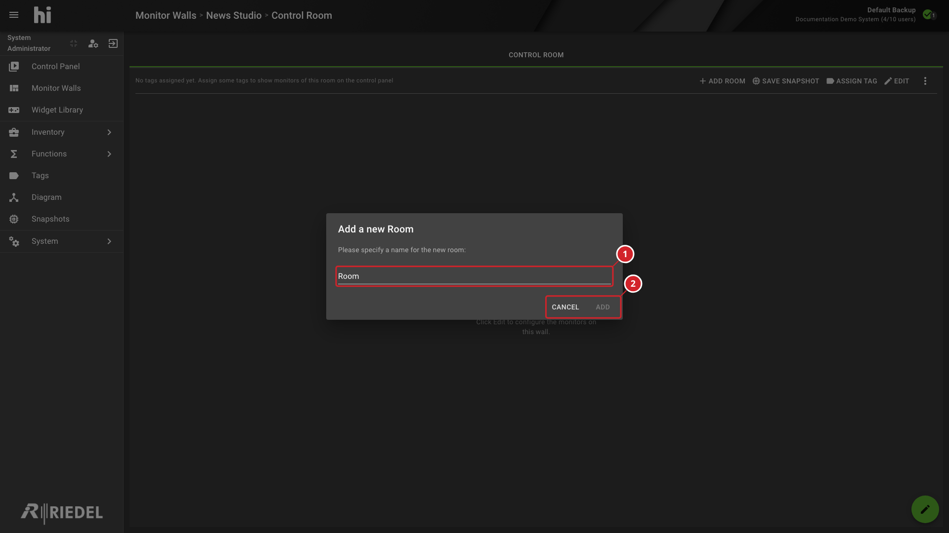 Add Room Dialog for the Selected Location