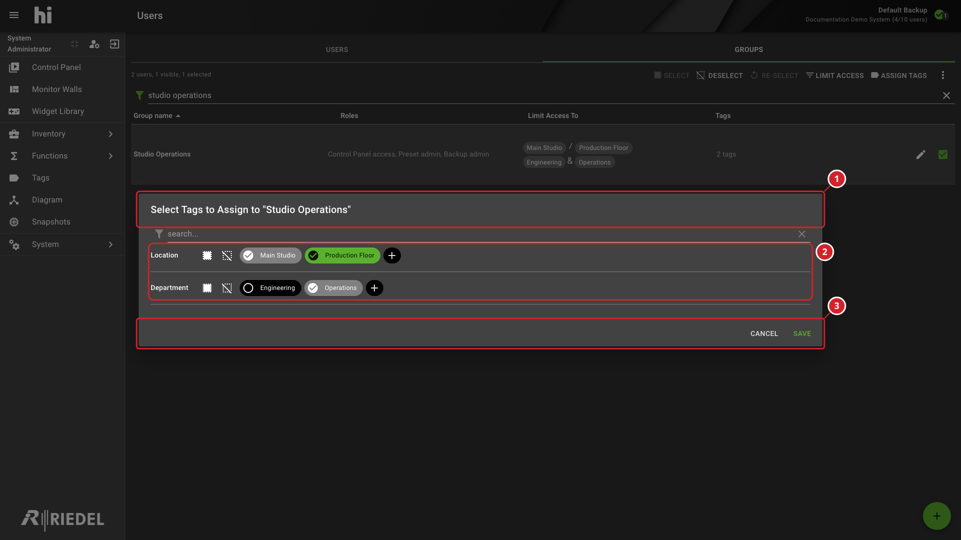 Assign Tags Dialog for the Studio Operations User Group