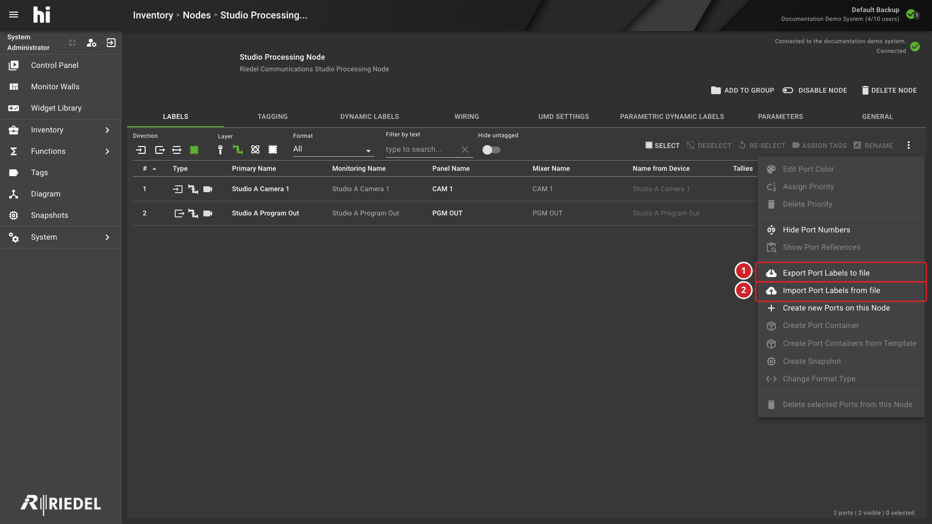 Port List Menu with Export Port Labels to file and Import Port Labels from File Annotated