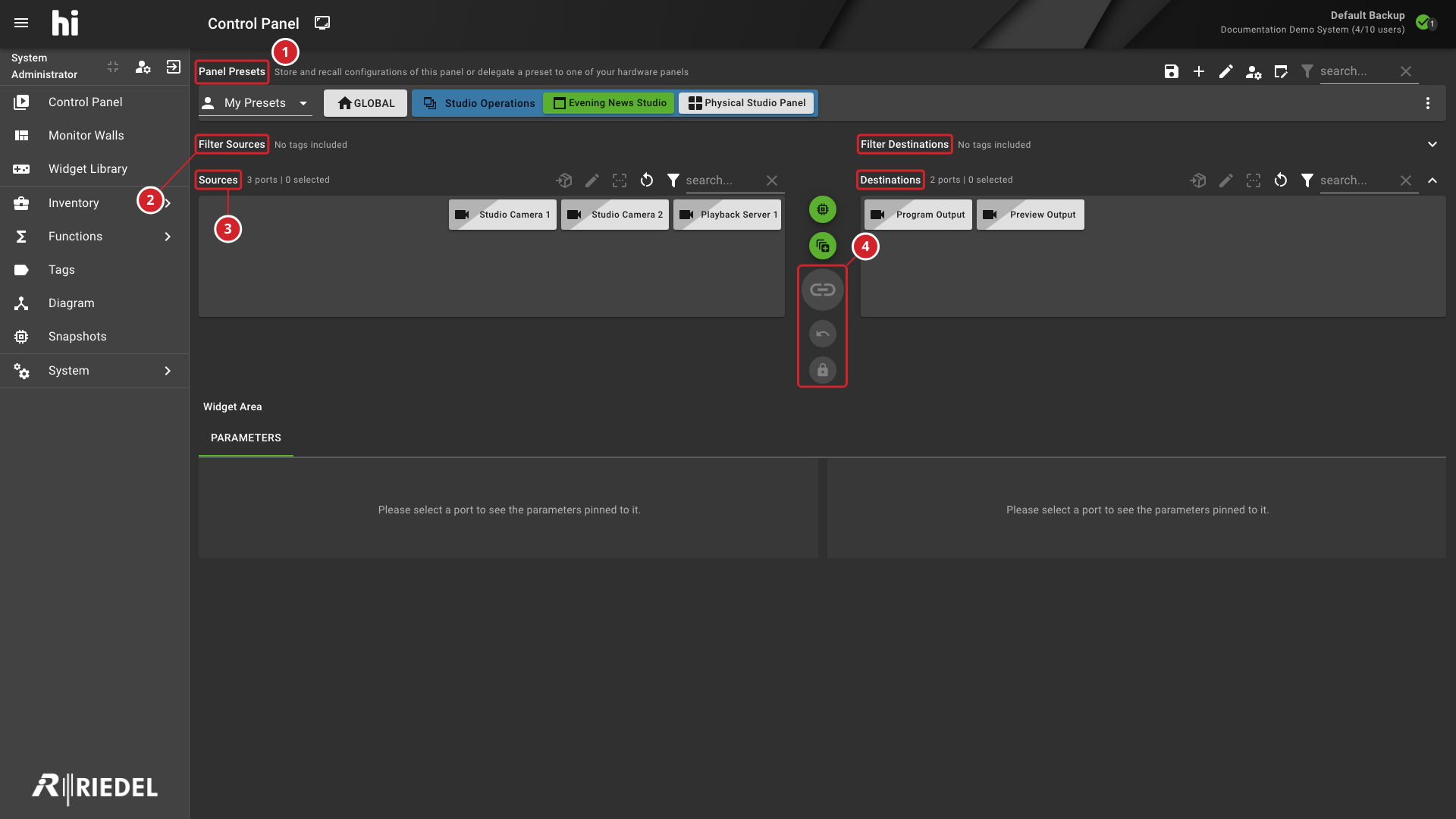 Control Panel Overview with Presets, Filters, Sources, Destinations, and Routing Controls