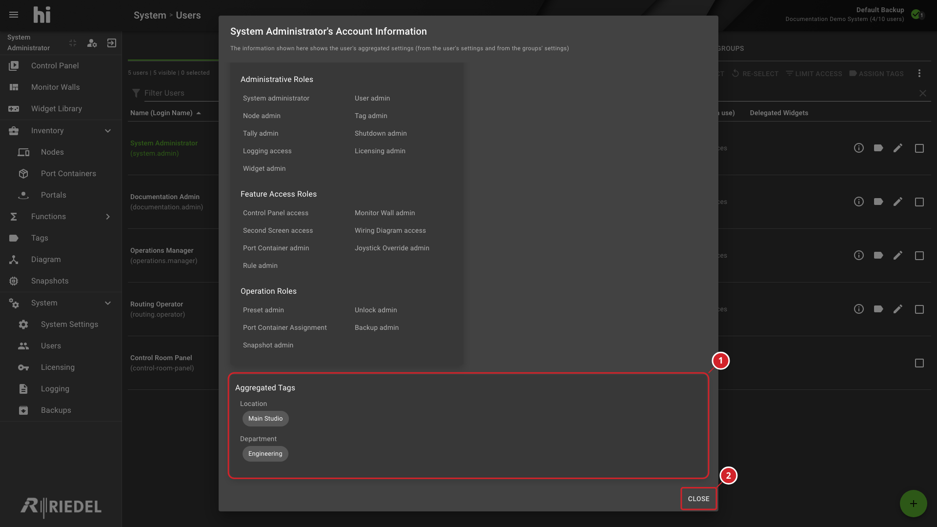 Account Information Dialog Showing the User's Effective Tags by Category
