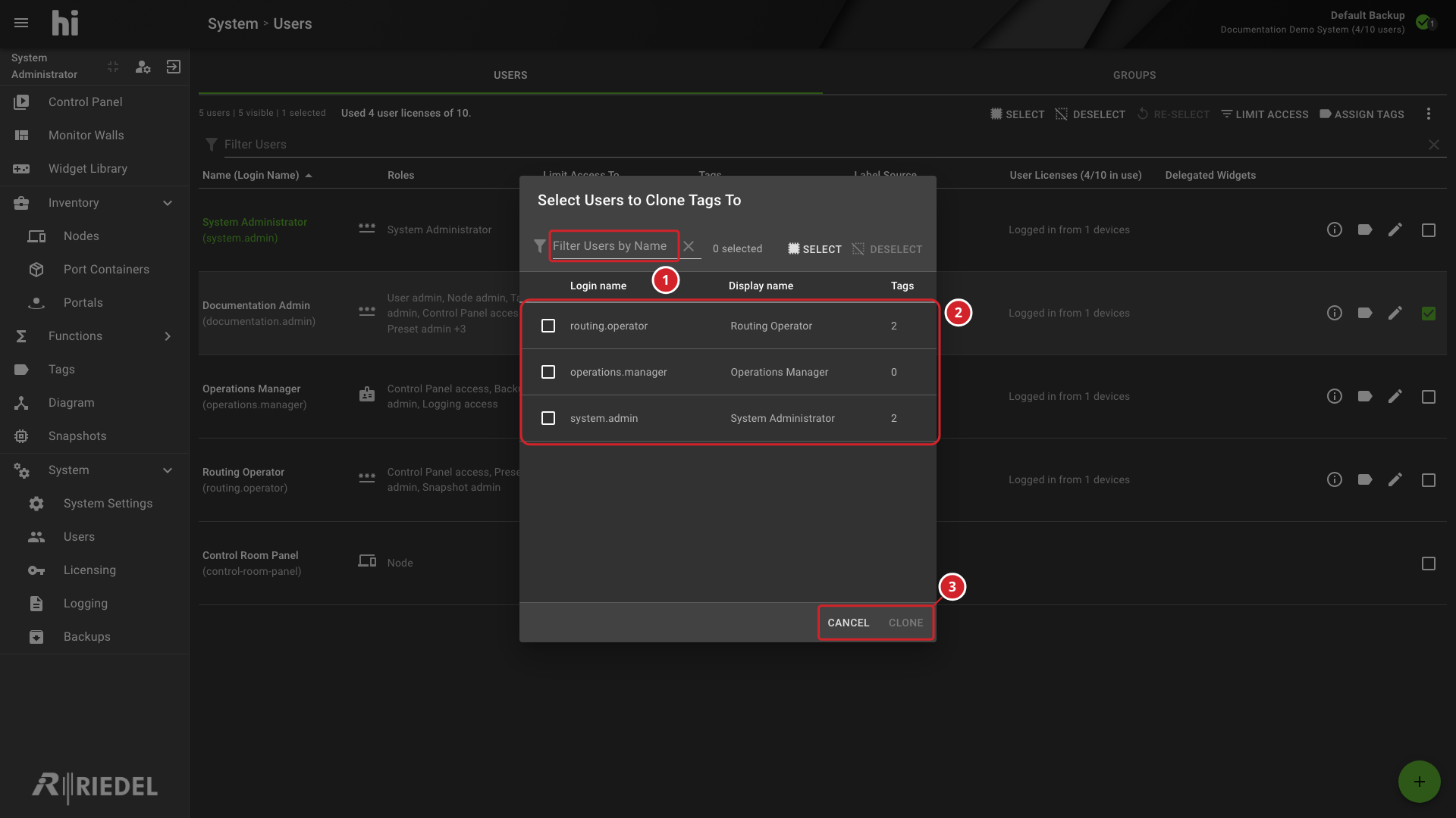Clone Tags Dialog Showing the Target-User Filter and User Selection Controls