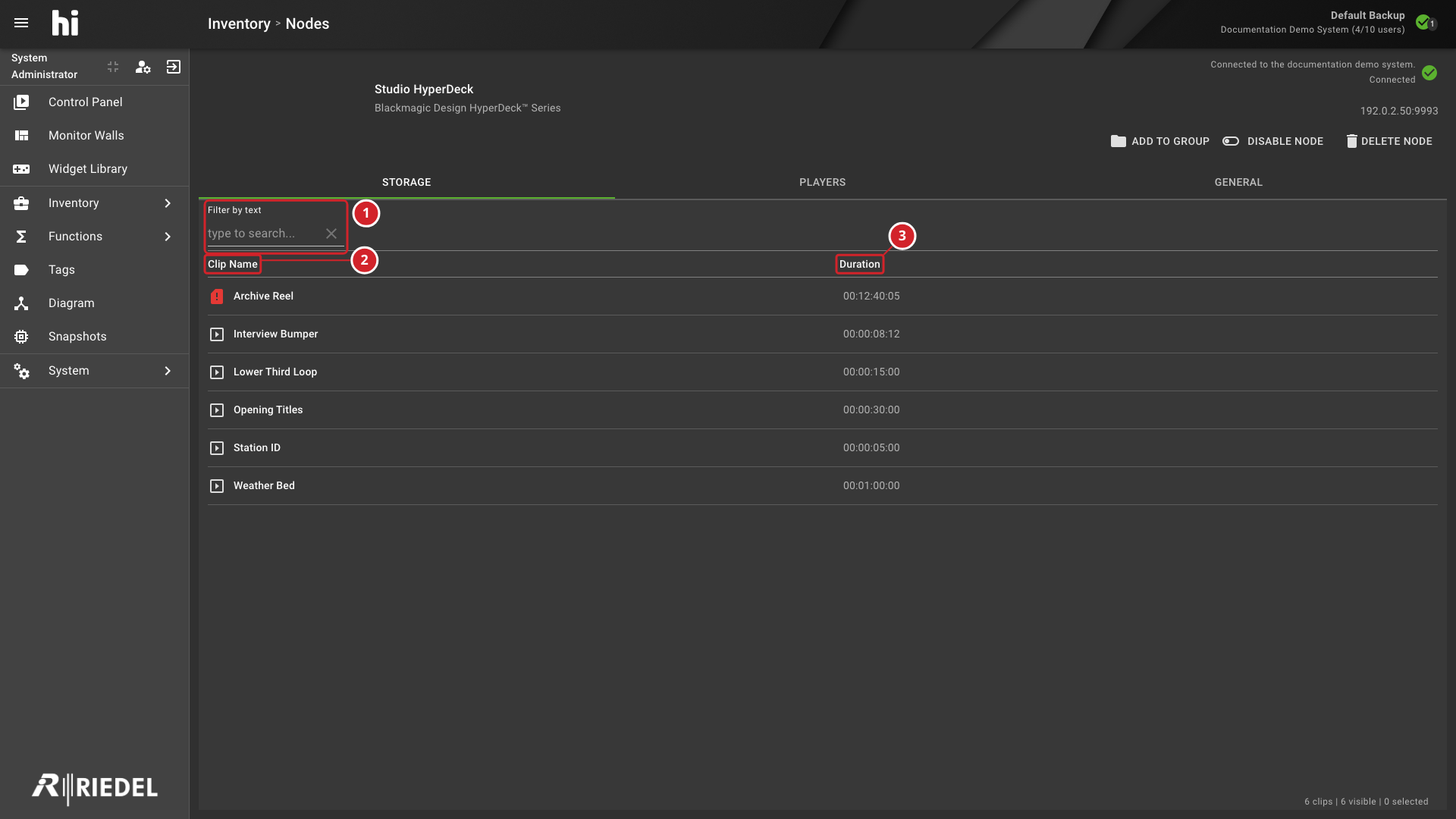 Storage Tab with Clip Names and Durations