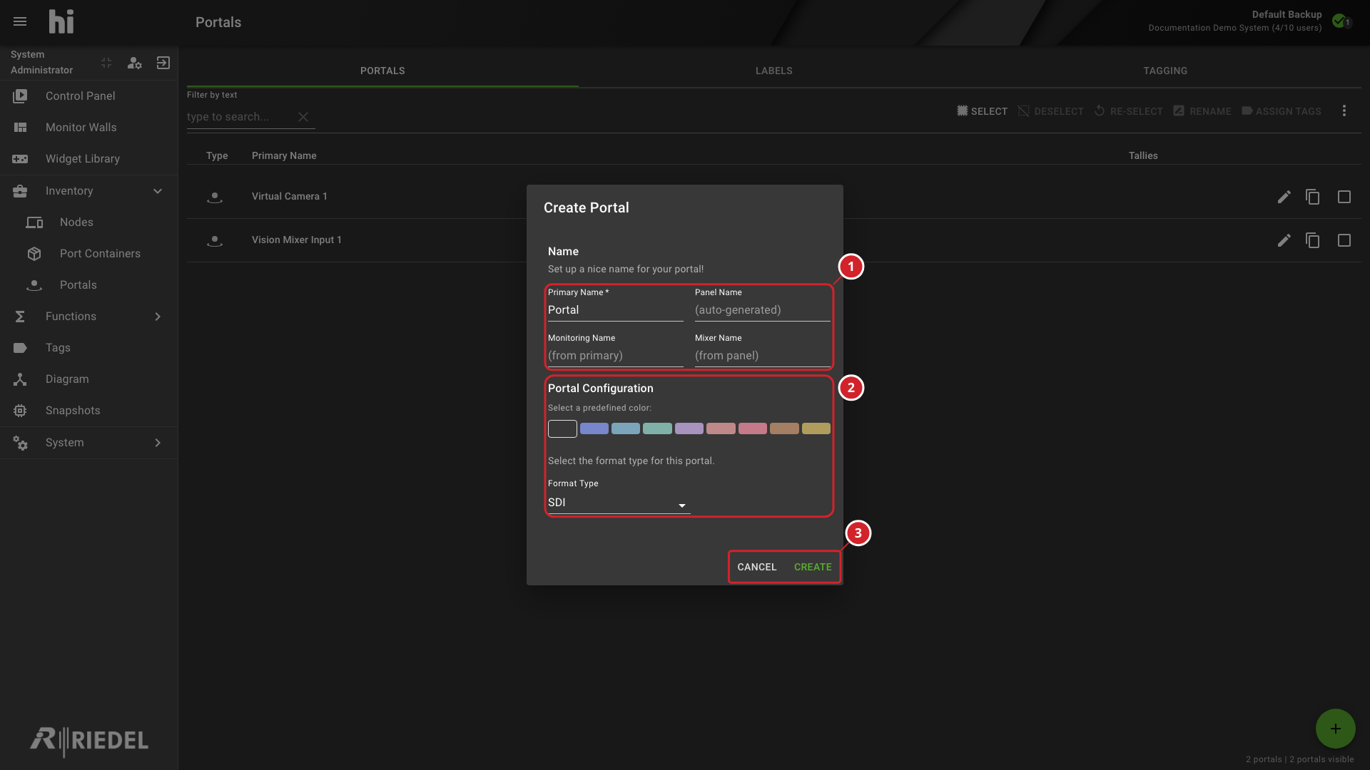 Portal Creation Dialog with Naming, Color, and Signal-Format Controls Annotated