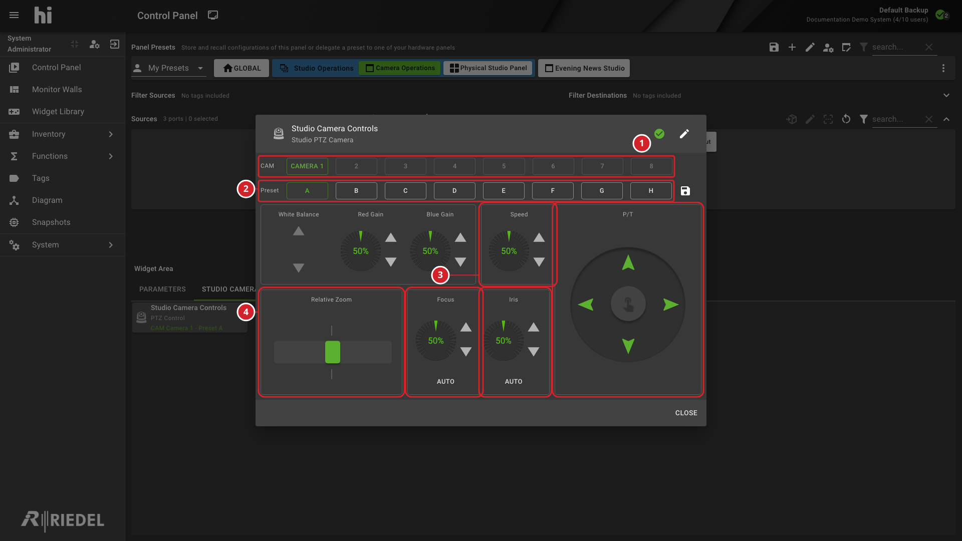 PTZ Camera Widget with a Selected Camera and Camera Controls
