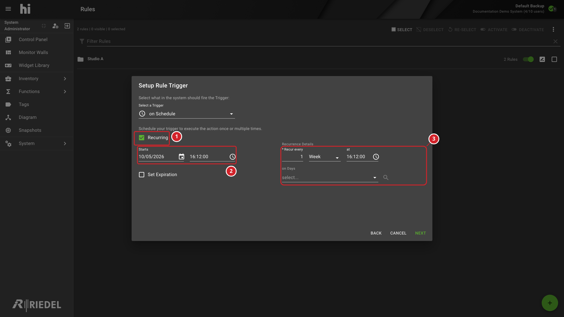 On Schedule Trigger with Recurring, Start Date, and Recurrence Details Annotated