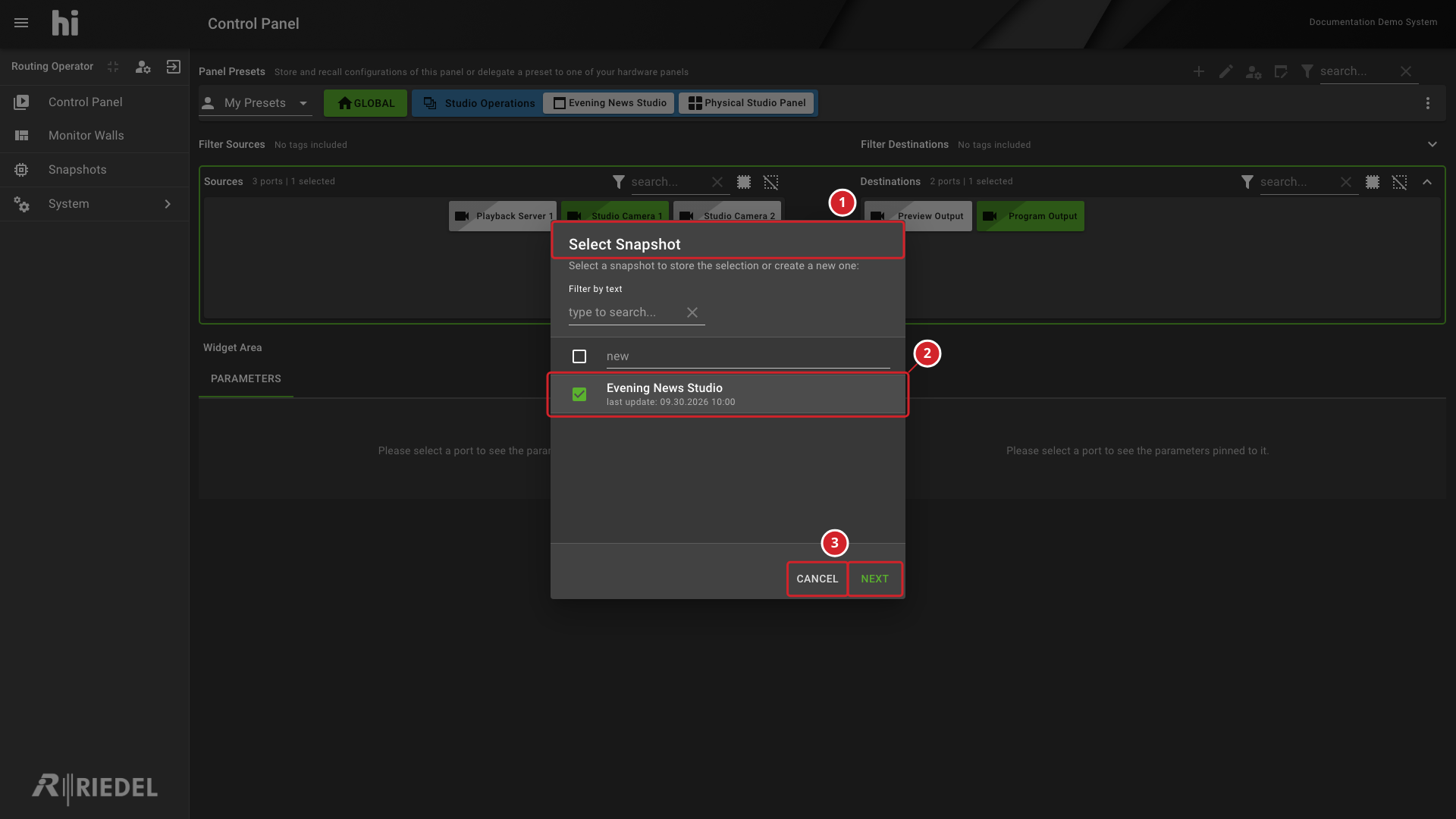 Snapshot Selection Dialog with Evening News Studio Selected