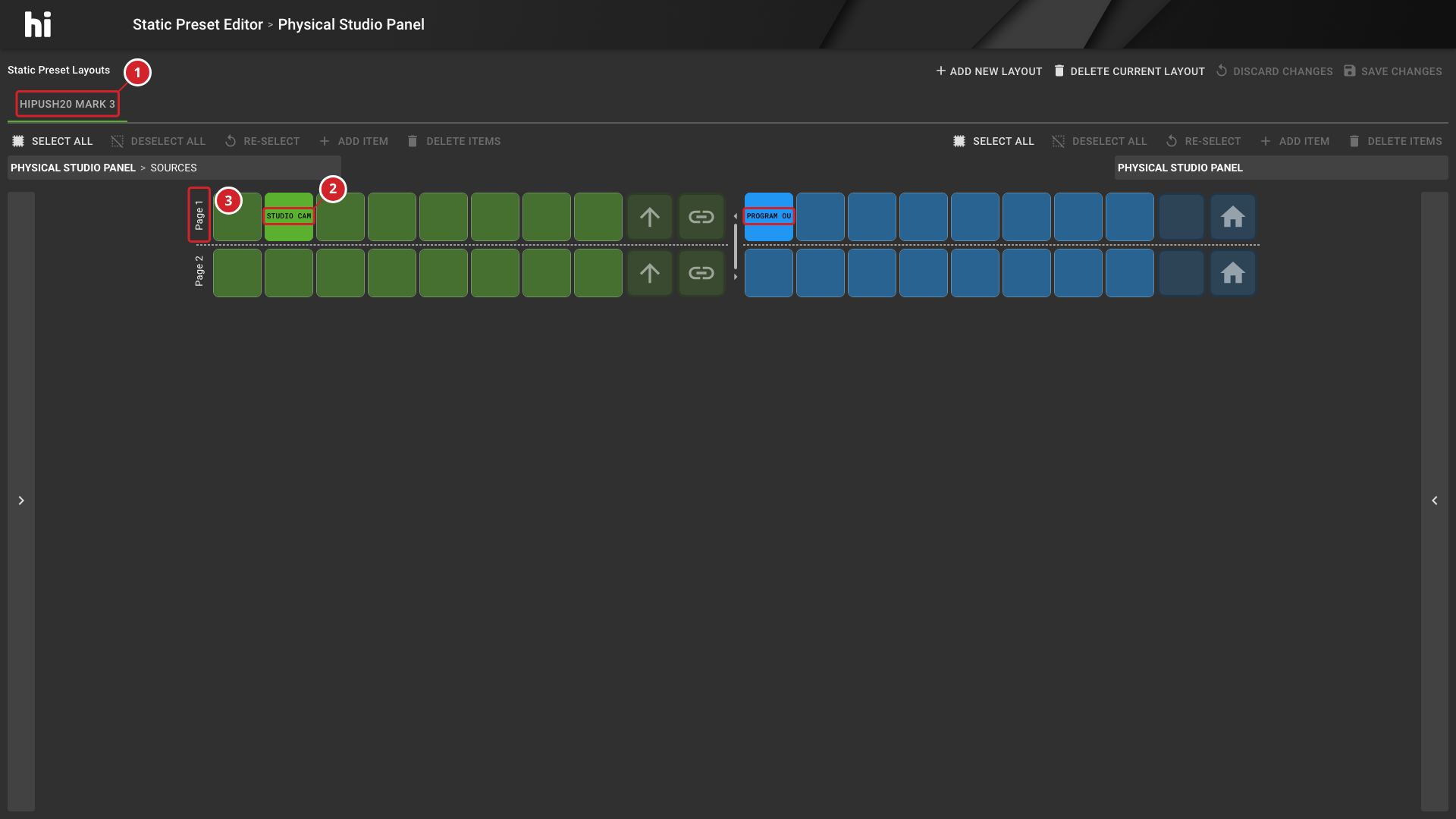 Static Preset Editor Showing the Layout Selection and Assigned Grid Buttons