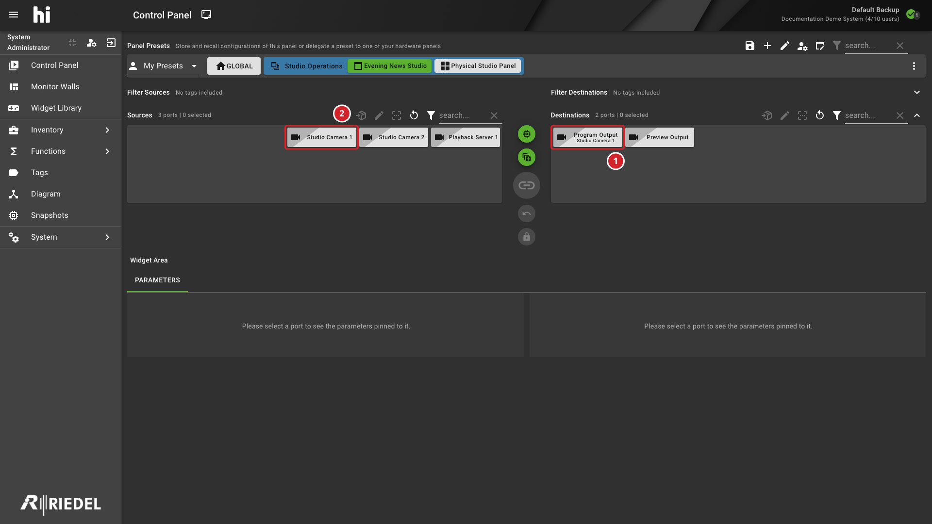Control Panel Showing the Destination Connected to the Selected Source