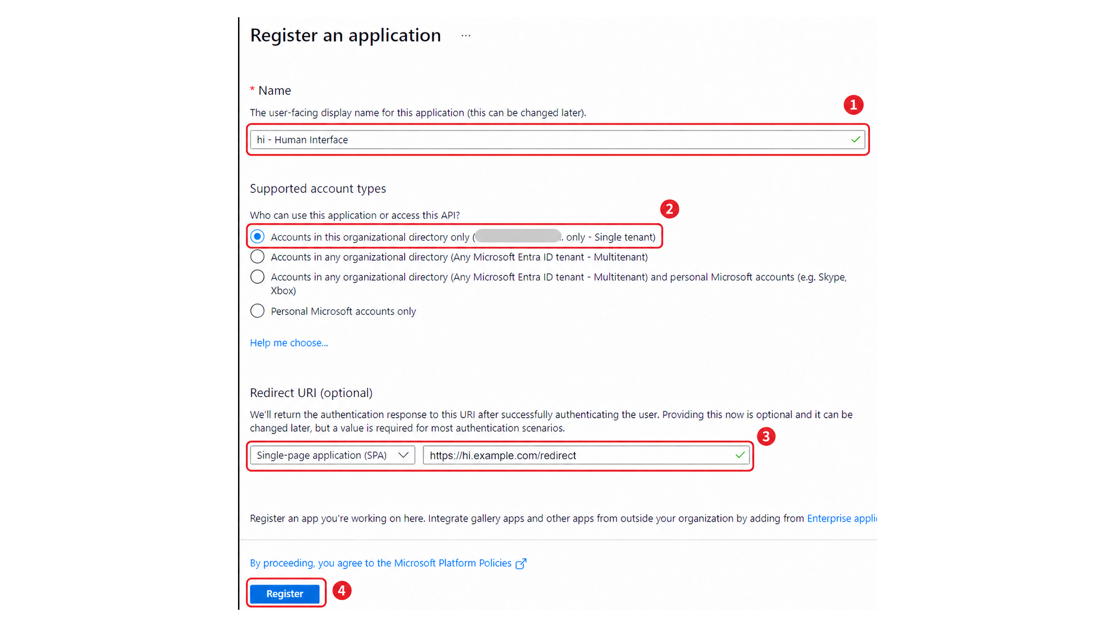 Microsoft Entra ID Register an Application Form with Single Tenant and SPA Redirect URI