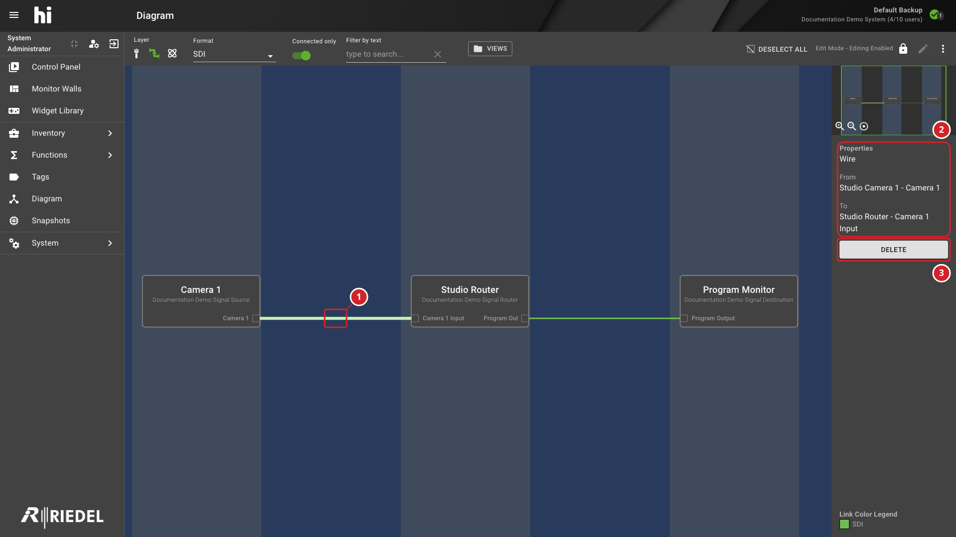Selected Wire Sidebar Showing Its Endpoints and Queued Deletion Action