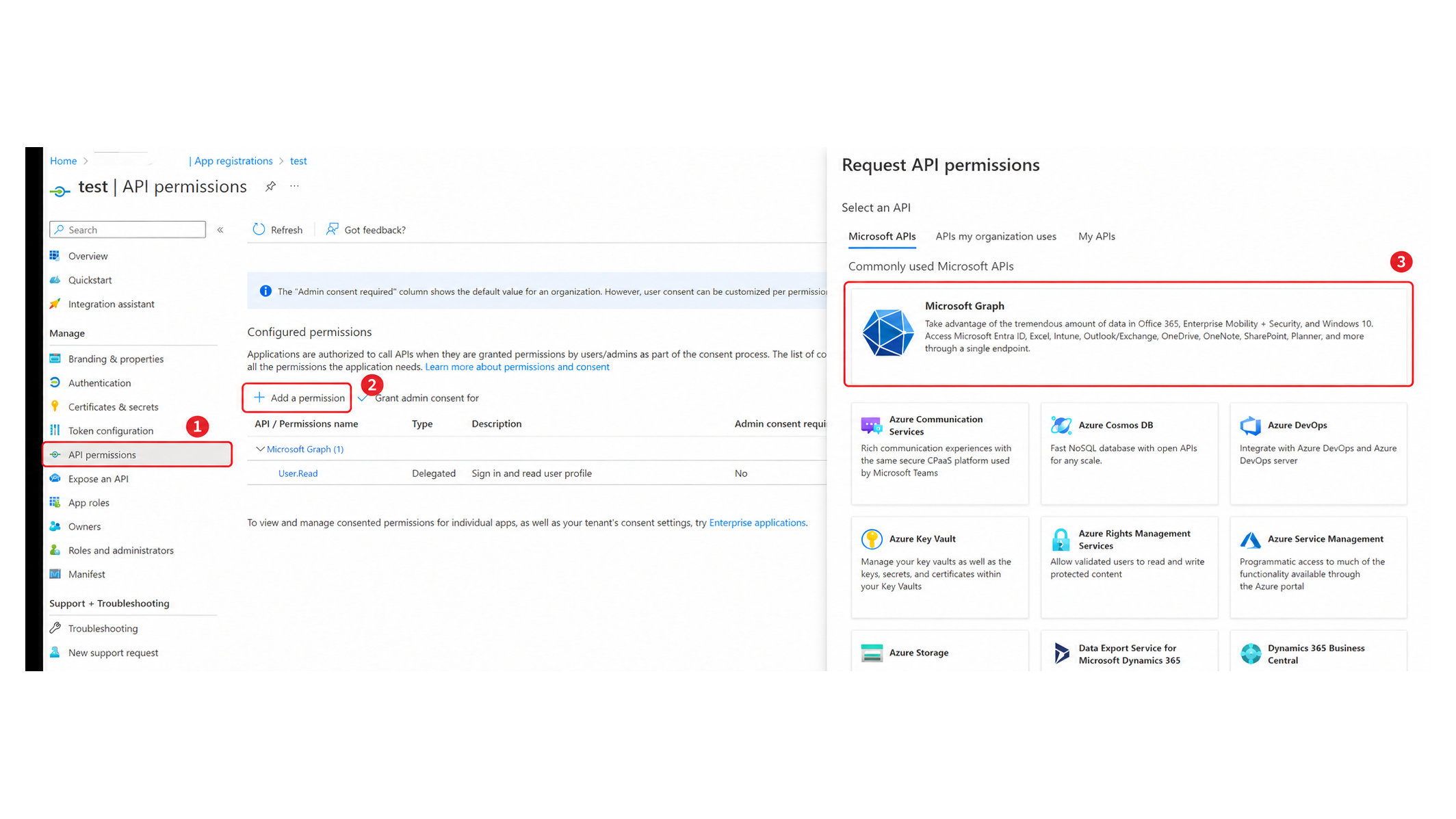 Microsoft Entra ID API Permissions Page with Microsoft Graph Selected