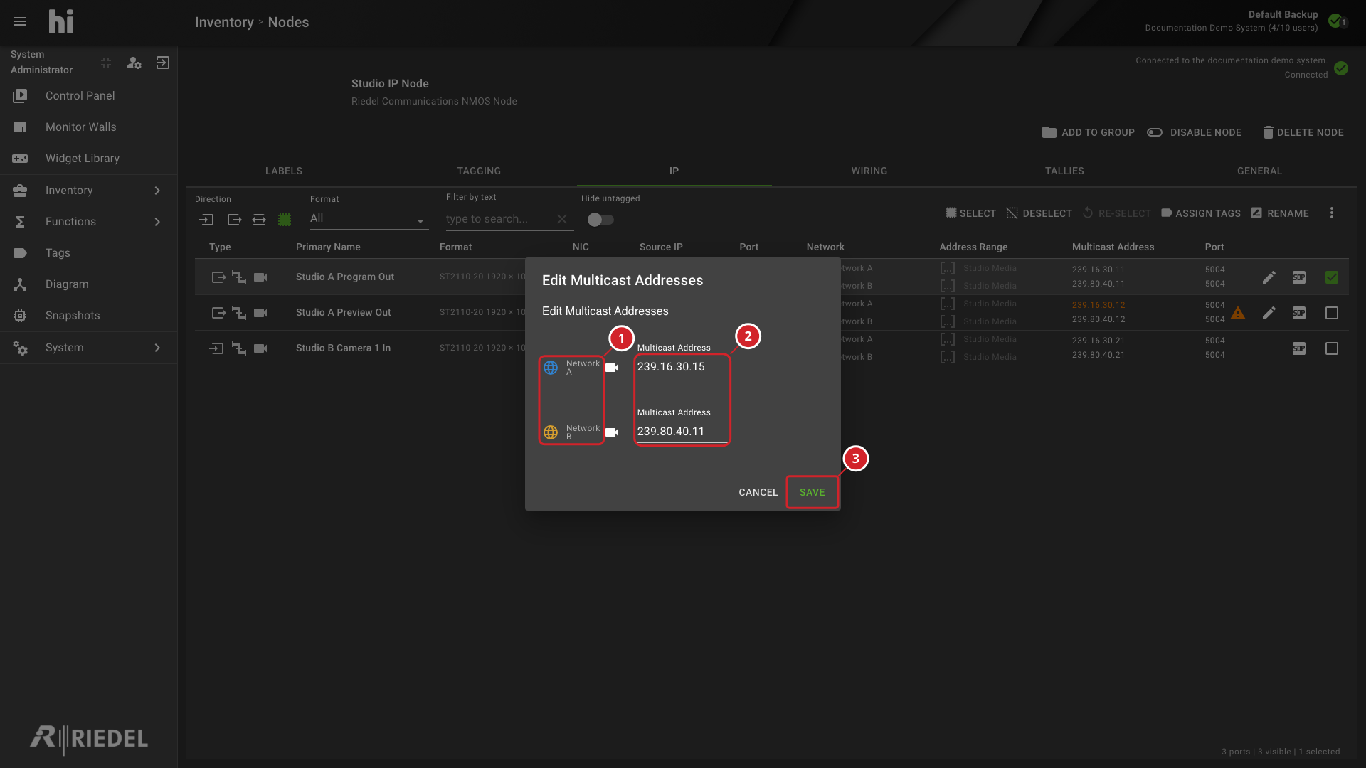 Edit Multicast Addresses Dialog for an Output Port