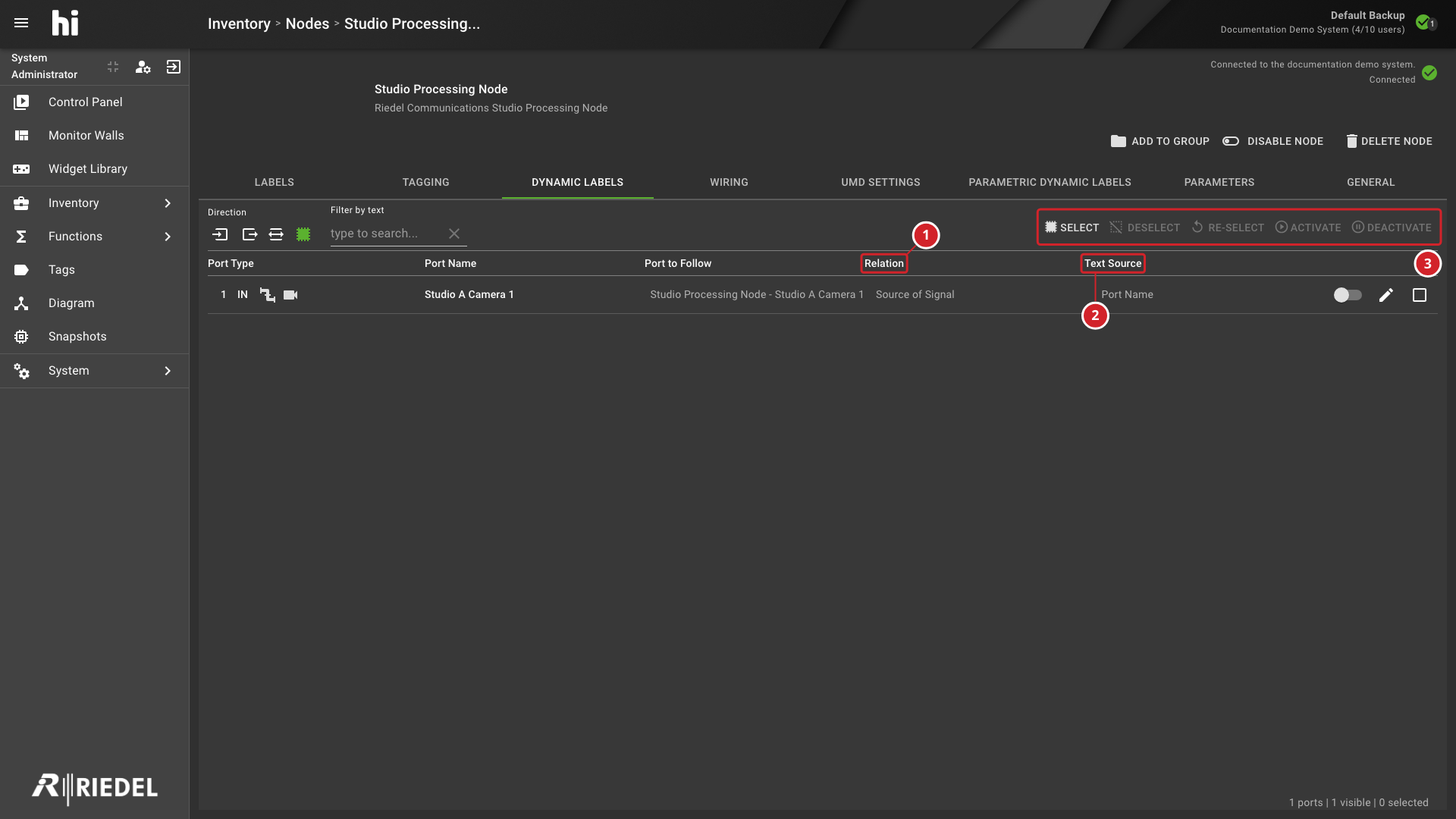 Dynamic Labels Tab Showing the Relation and Text Source Columns and the Selection Actions