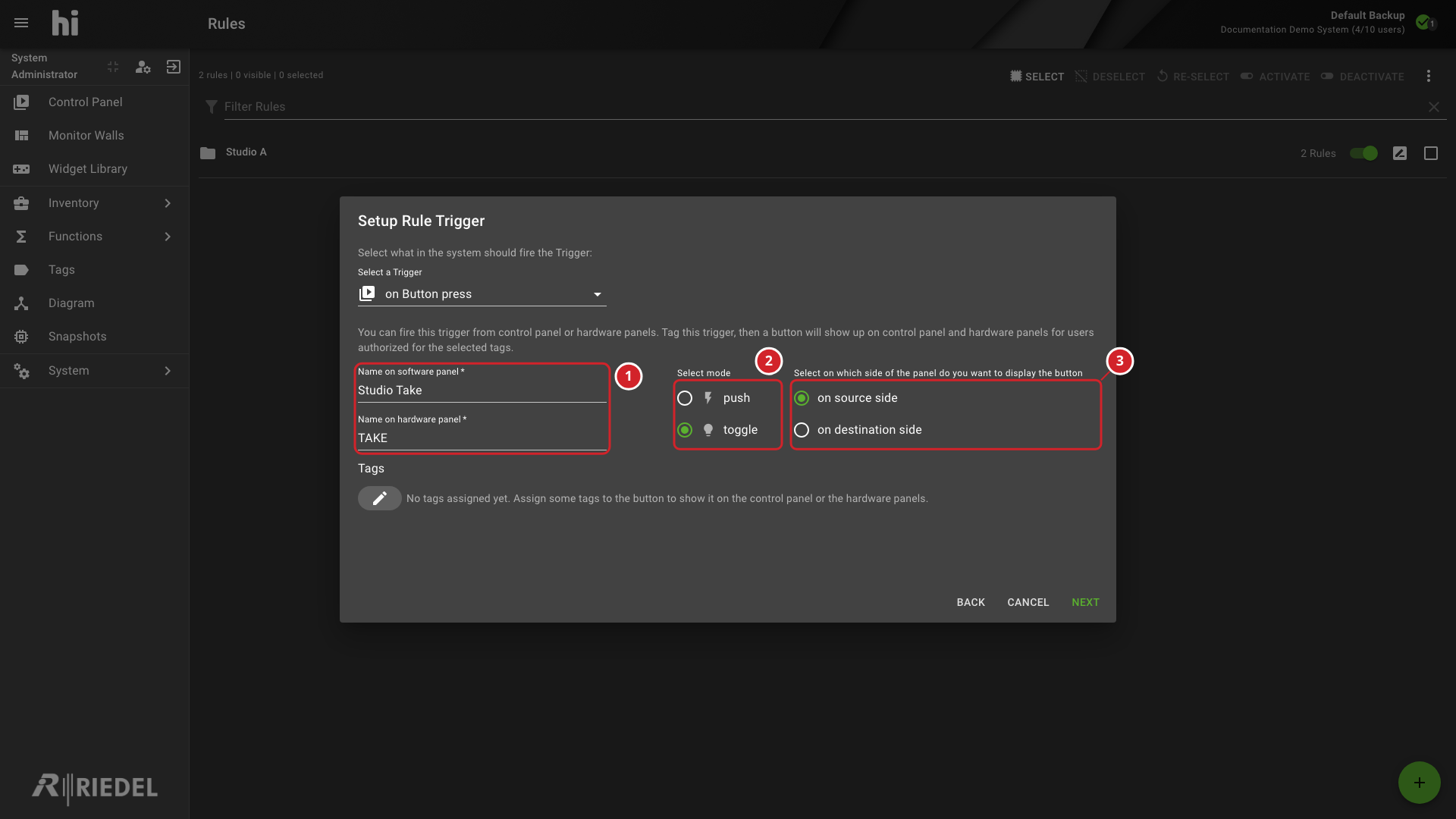On Button Press Trigger with Panel Names, Button Mode, and Panel Side Annotated