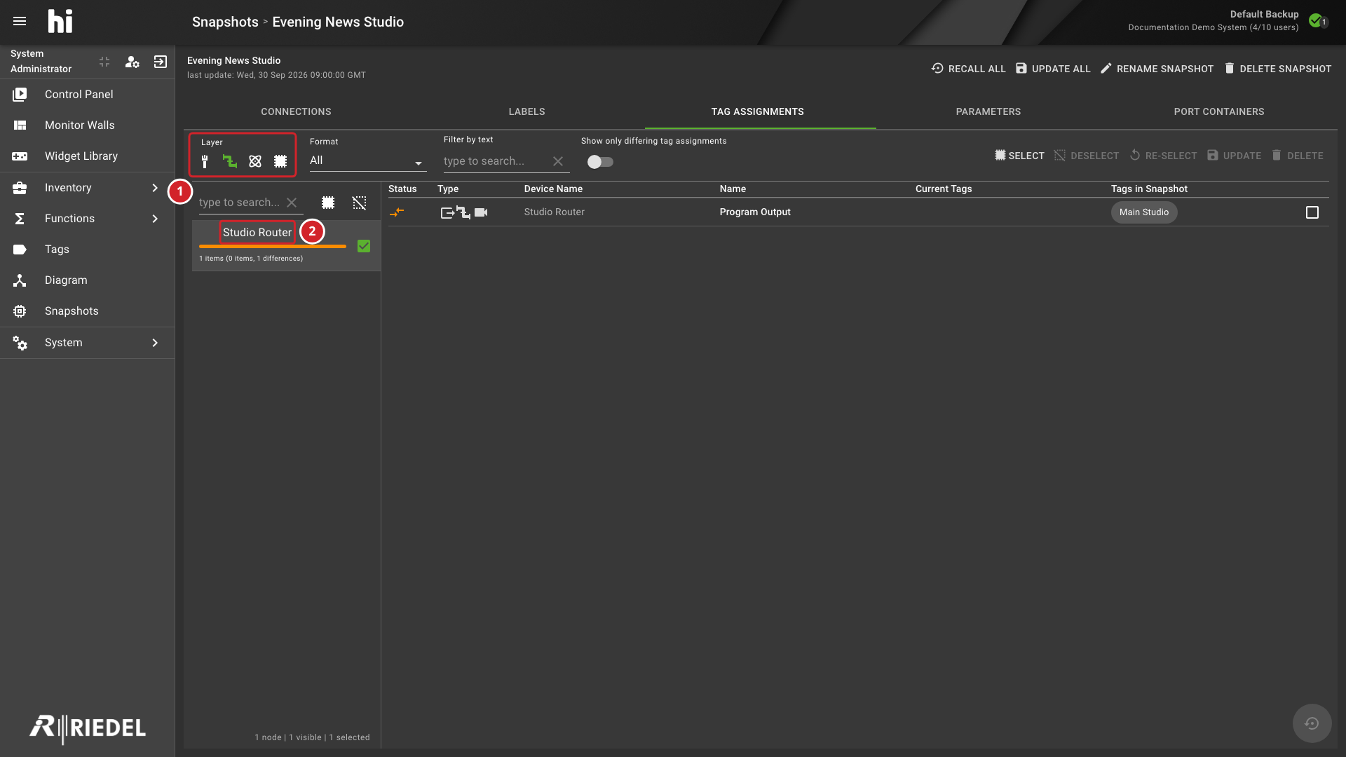 Snapshot Tag Assignments Tab with Filters and Assignment Groups Annotated