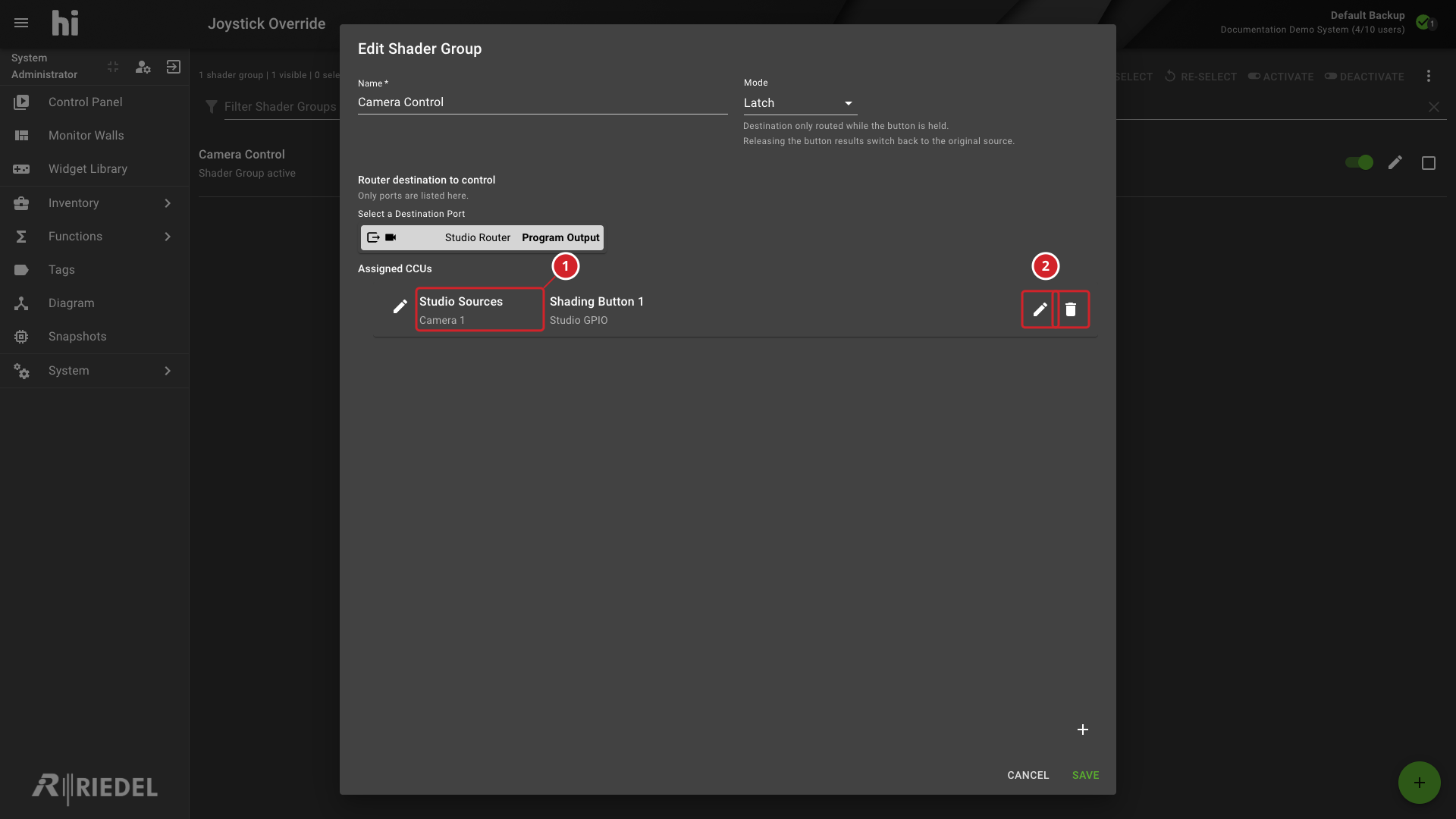 Shader Group Assignment Showing CCU and GPI Port Selection