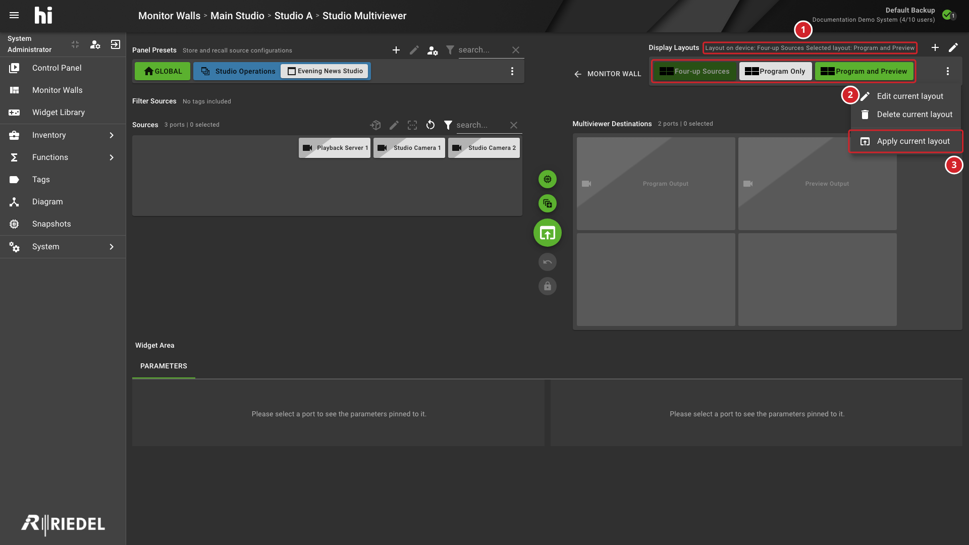 Display Layouts Bar With Layout Menu on a Multiviewer Head