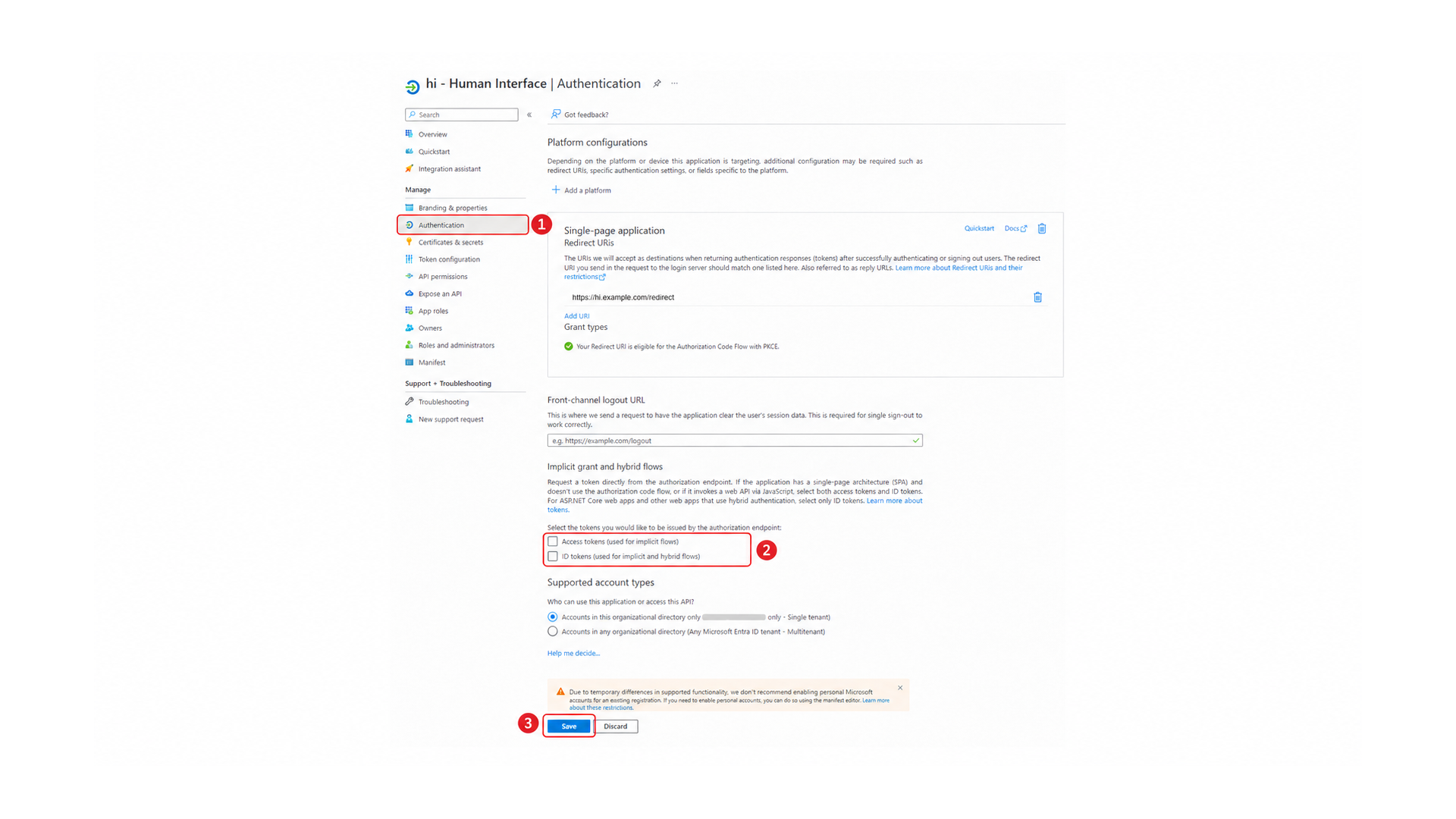 Microsoft Entra ID Authentication Page with Implicit Grant Tokens Unselected