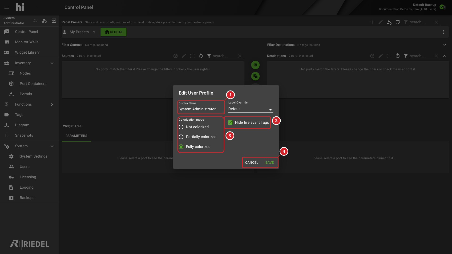 Edit User Profile Dialog Showing Display, Tag Visibility, and Colorization Settings