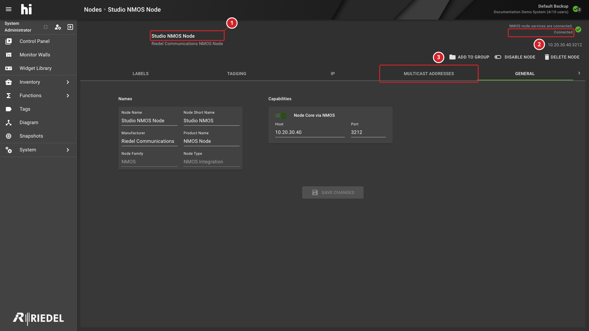 Enabled NMOS Node showing its connection state and node-management controls
