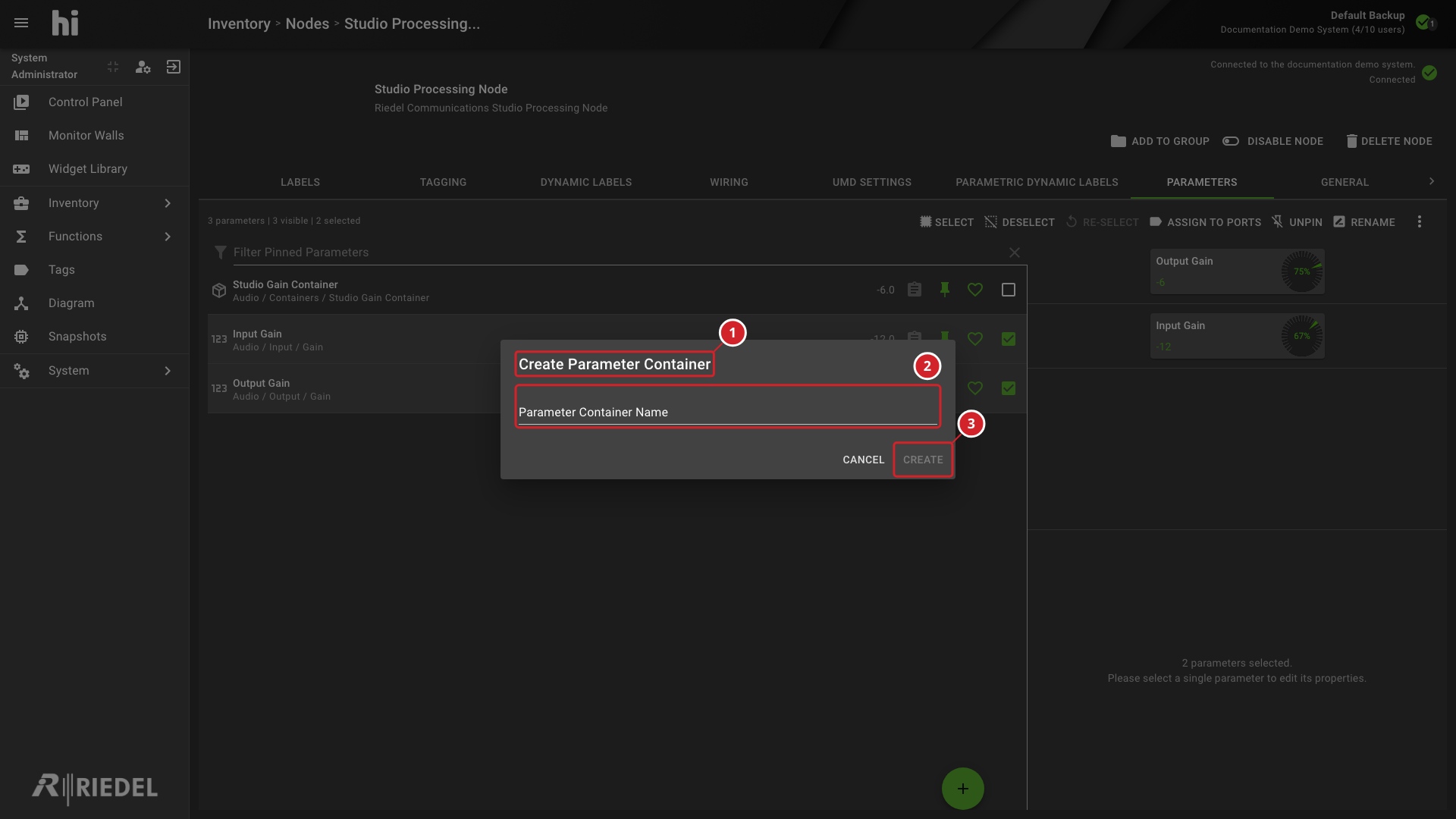 Create Parameter Container dialog for compatible pinned numeric parameters