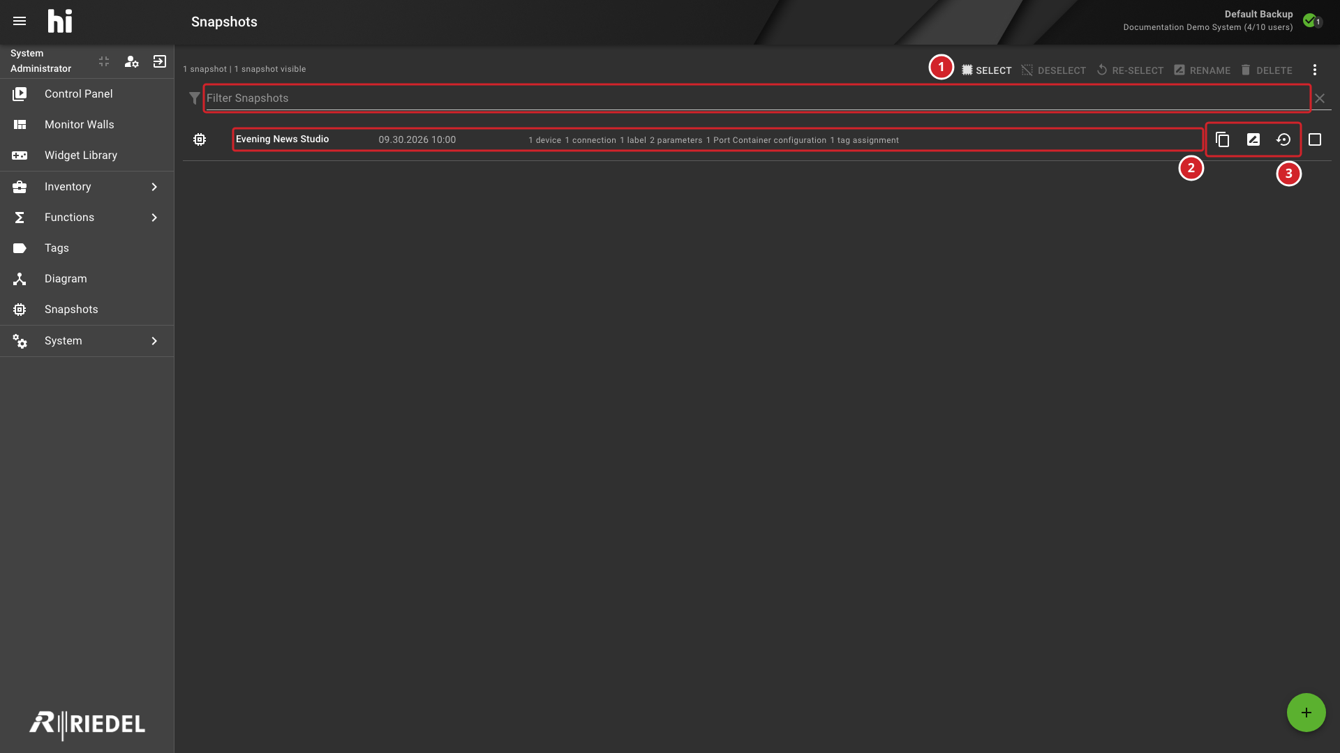 Snapshots Workspace Showing the Filter, a Saved Example, and Its Row Actions