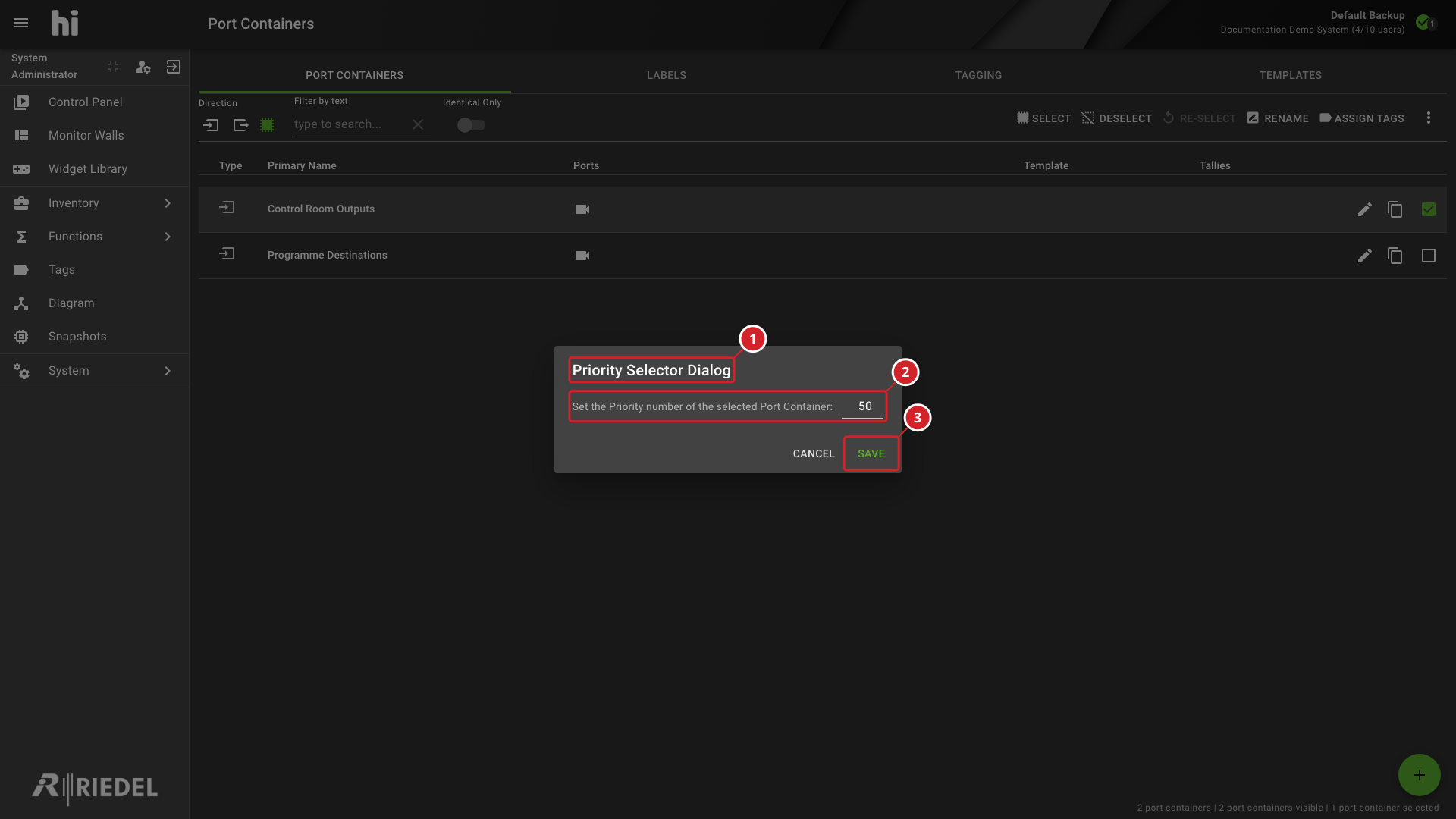Priority Selector Dialog Showing the Default Port Container Priority Before Saving
