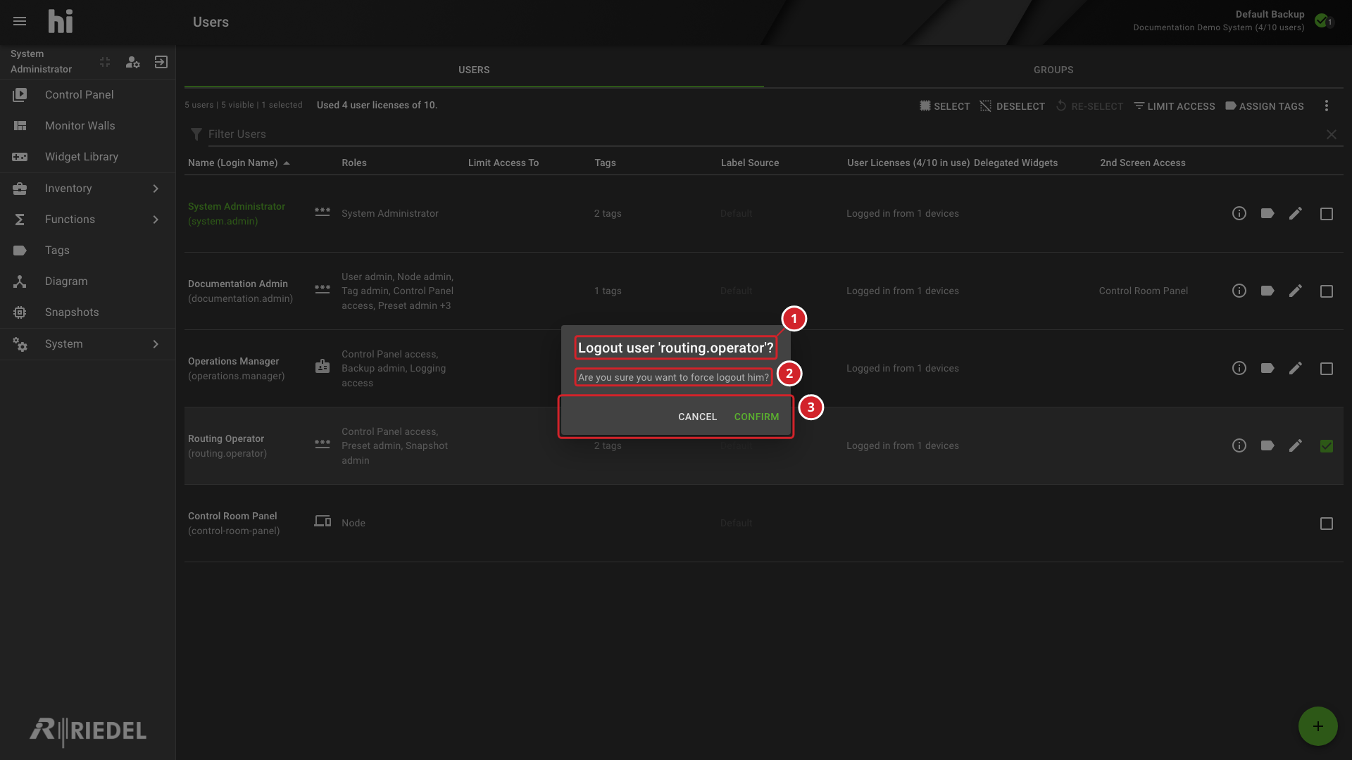 Force Logout Confirmation Naming the Selected User