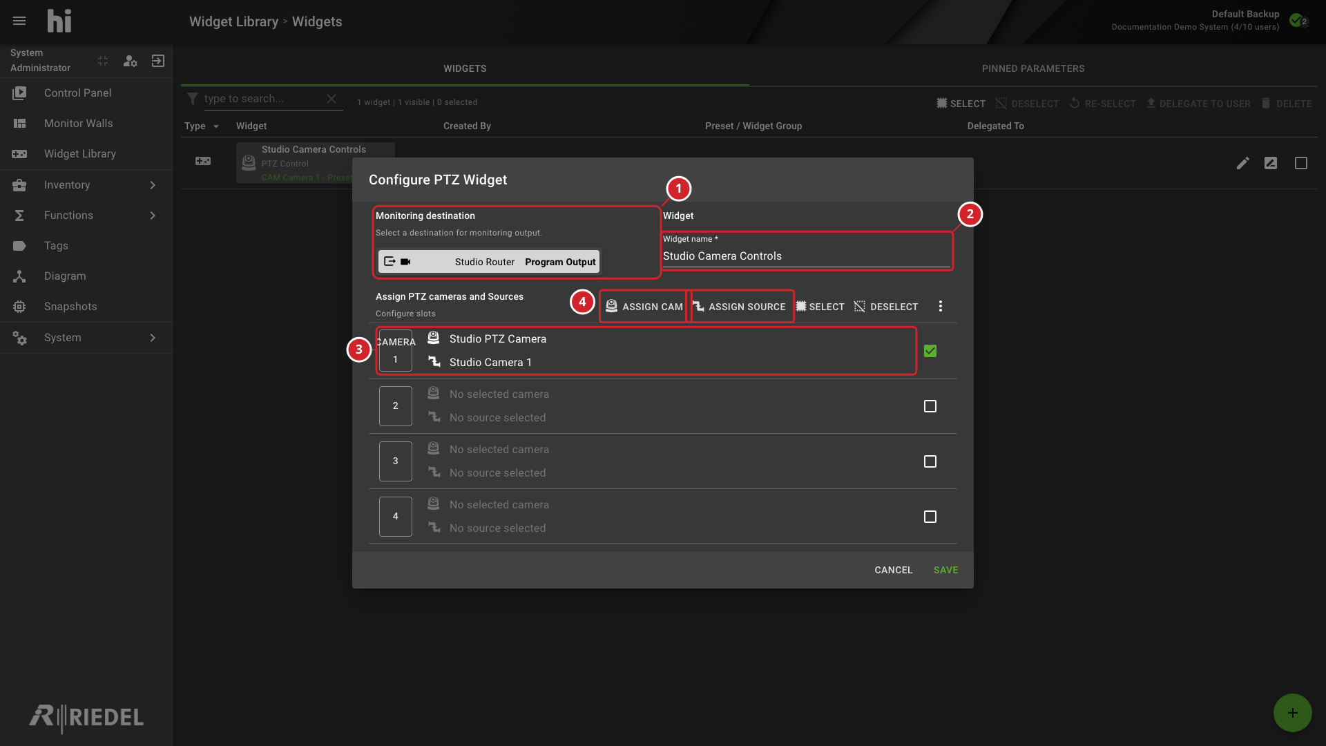 PTZ Camera Widget Configuration with Camera, Source, and Monitoring Assignments