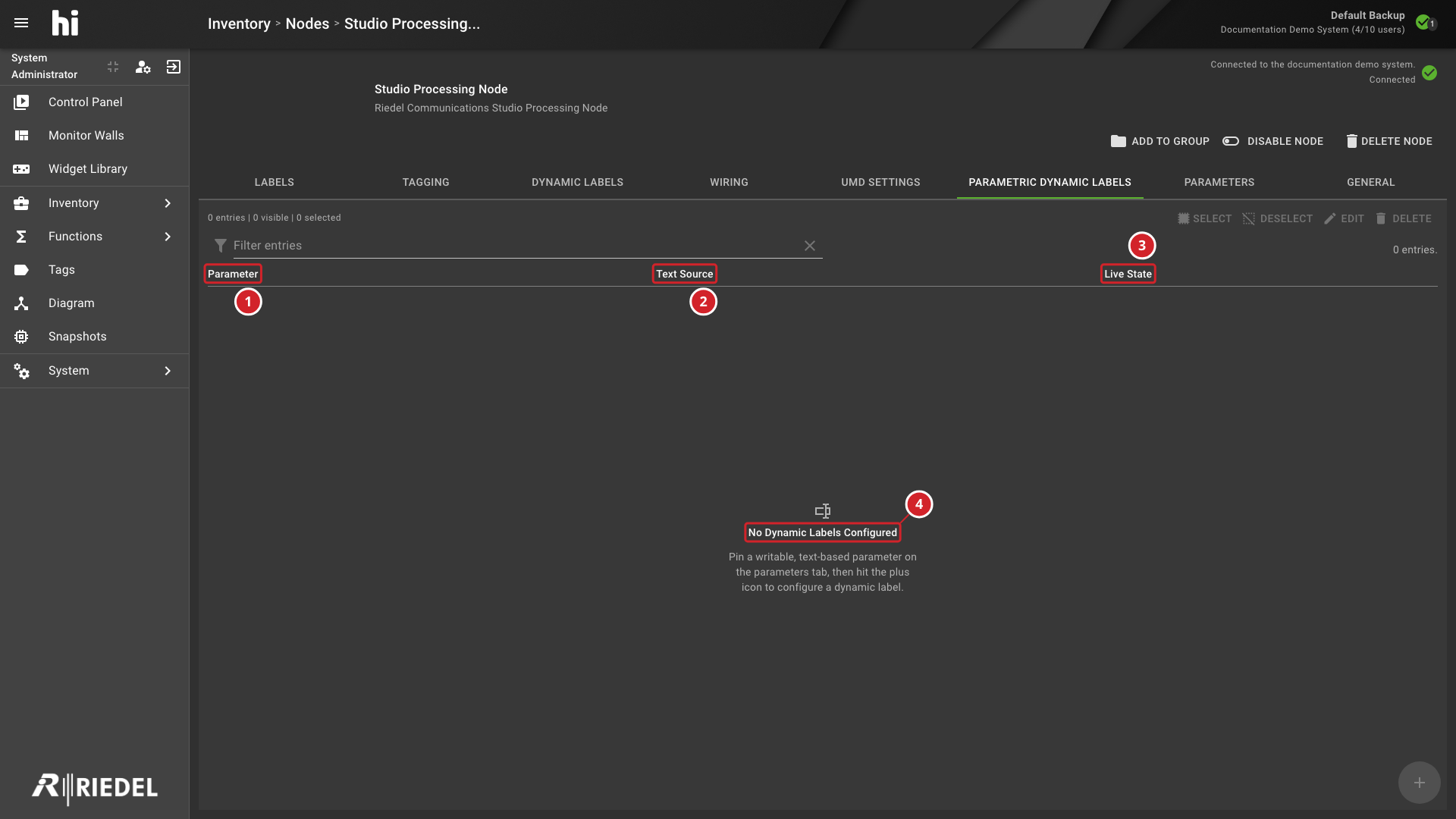 Parametric Dynamic Labels Tab Showing Its Filters, Columns, and Empty-State Guidance