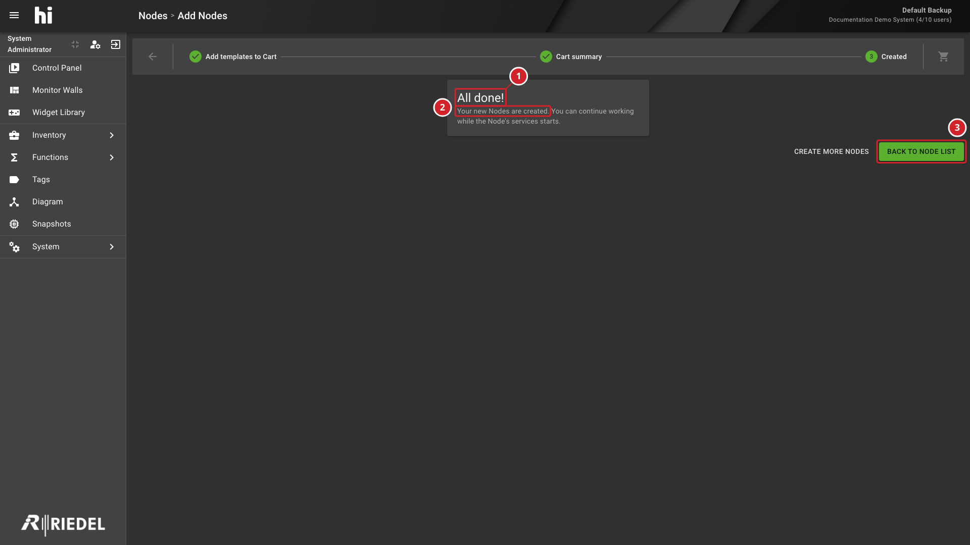 Creation Summary Showing the Successful Result and Back to Node List Action