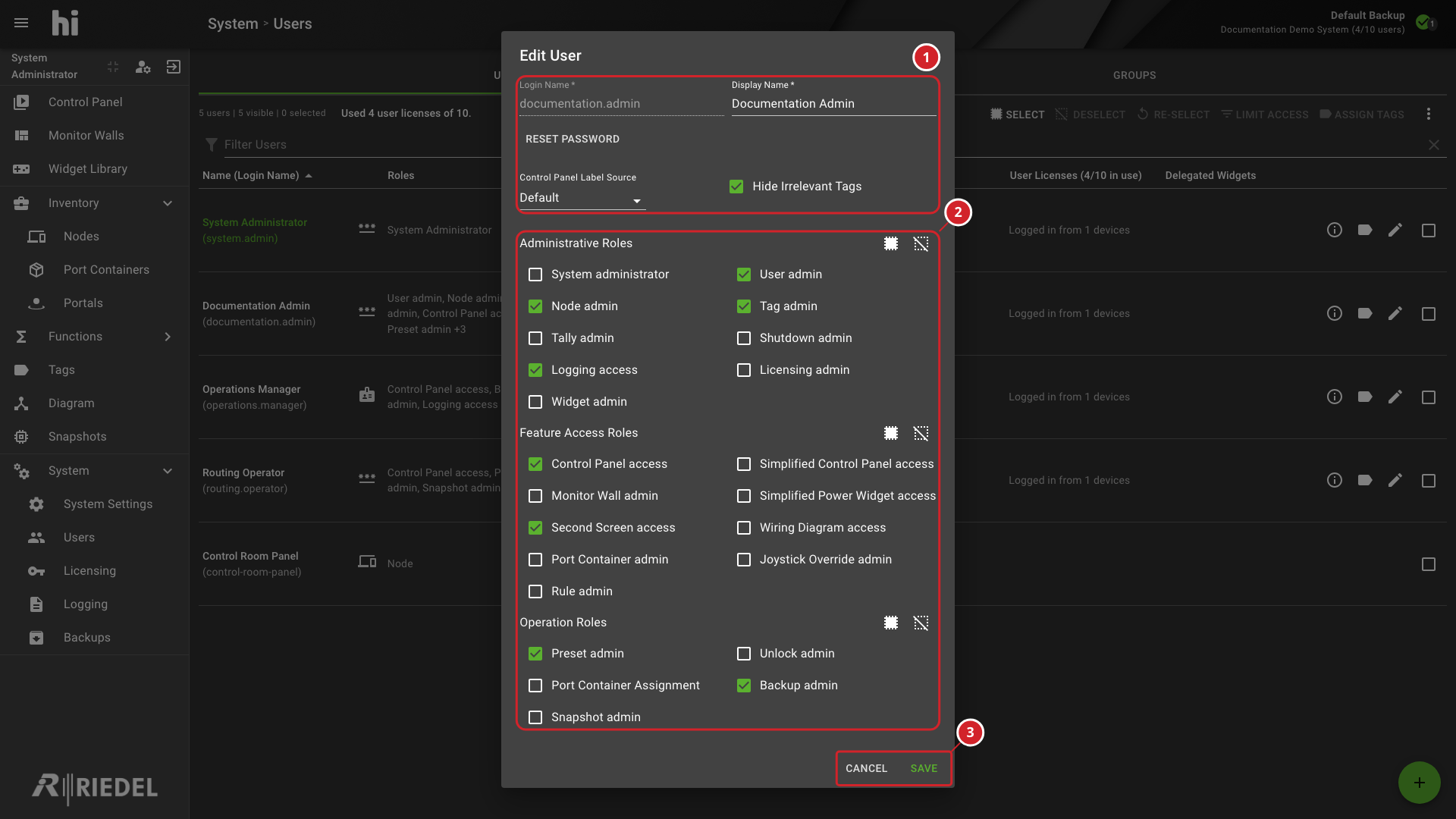 Edit User Dialog Showing Account Settings, Grouped Role Choices, and Save and Cancel Controls