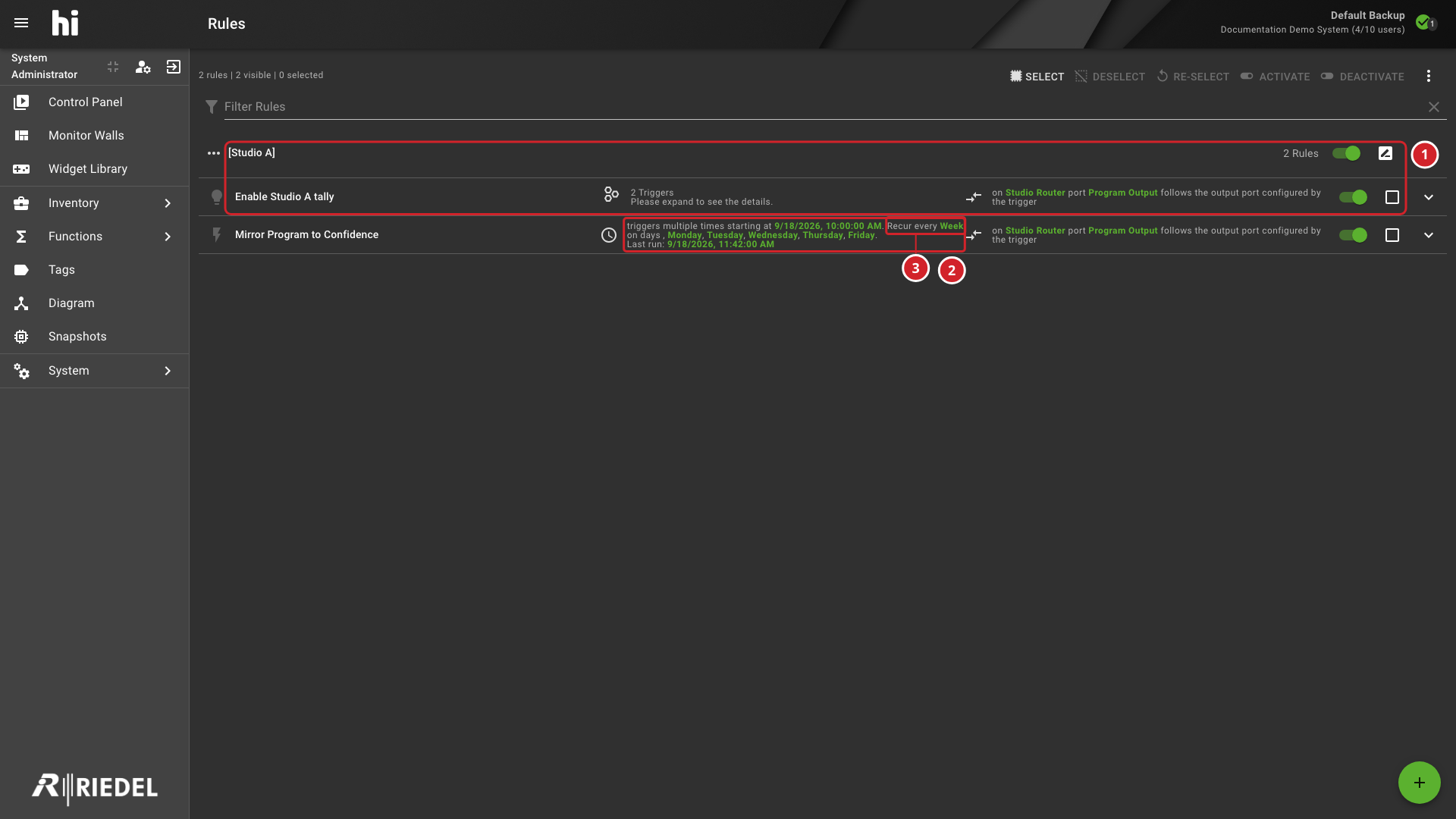 Rules Showing the Studio A Group, Enabled Toggles, Schedule, and Last Run