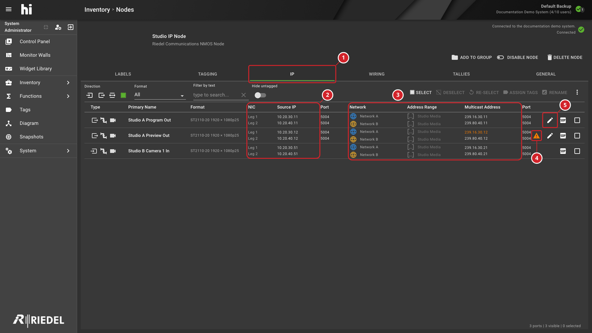 IP Tab Showing Source, Network, Address Range, and Multicast Address Columns