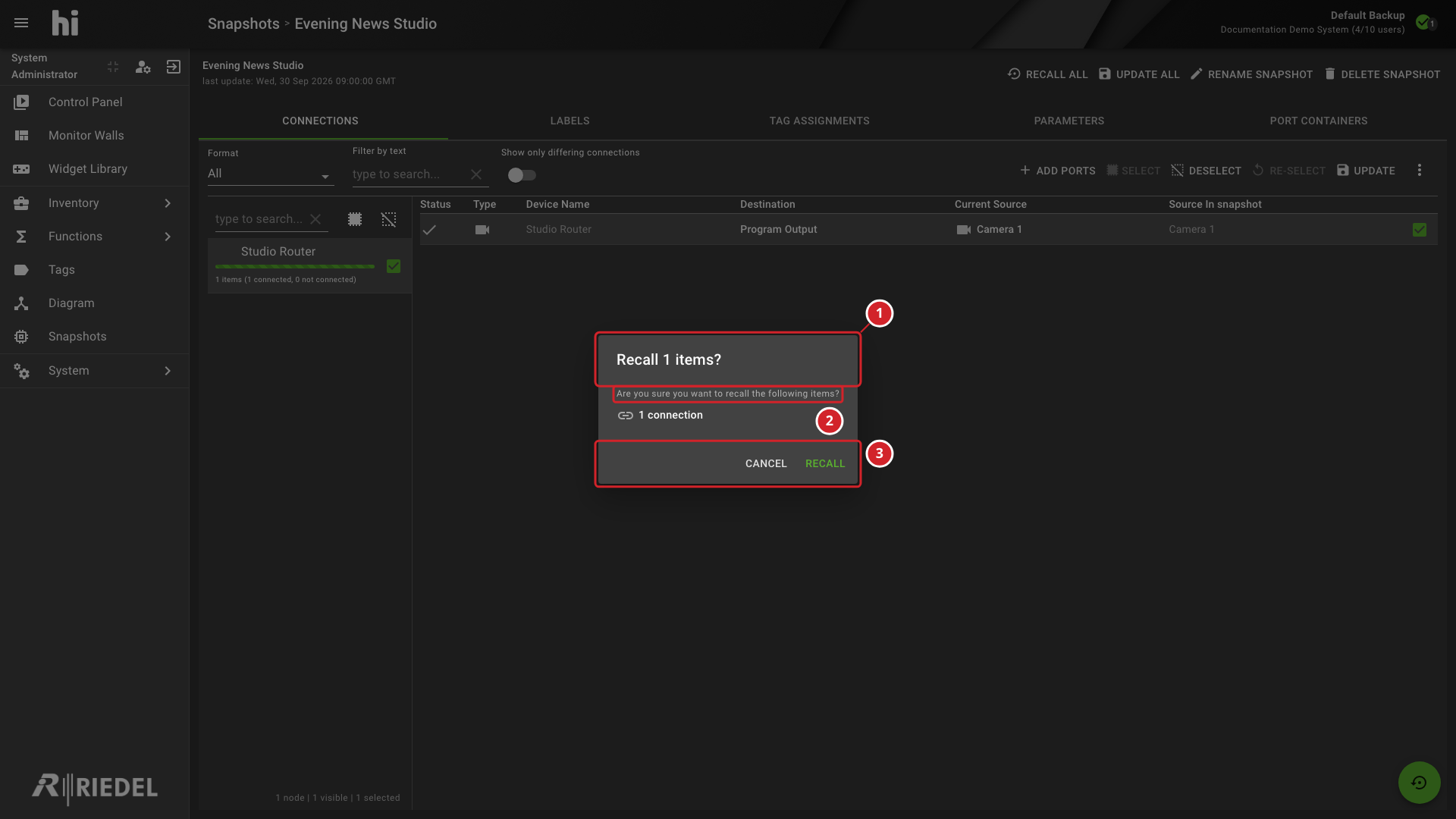 Confirmation for Recalling Selected Snapshot Items