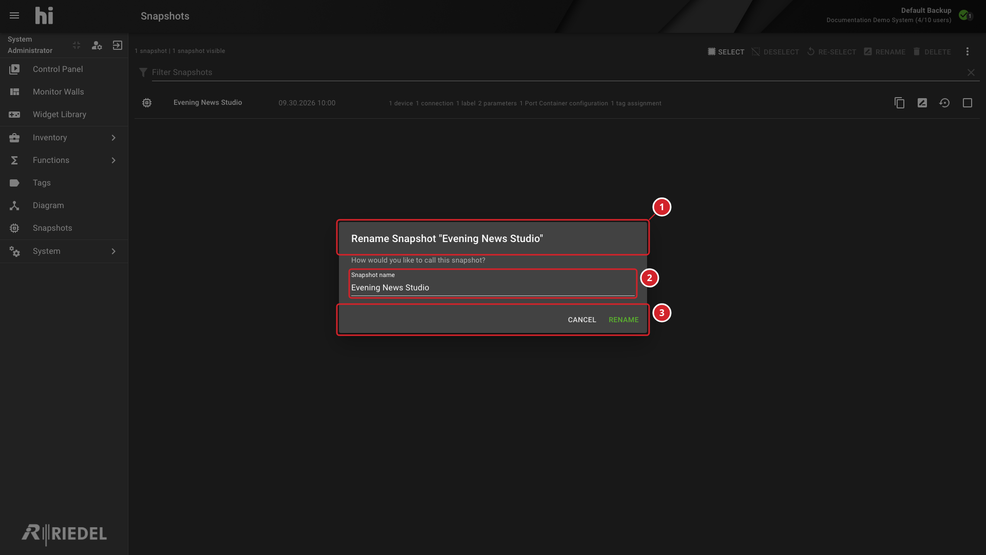 Rename Snapshot Dialog With the Current Name and Rename Action