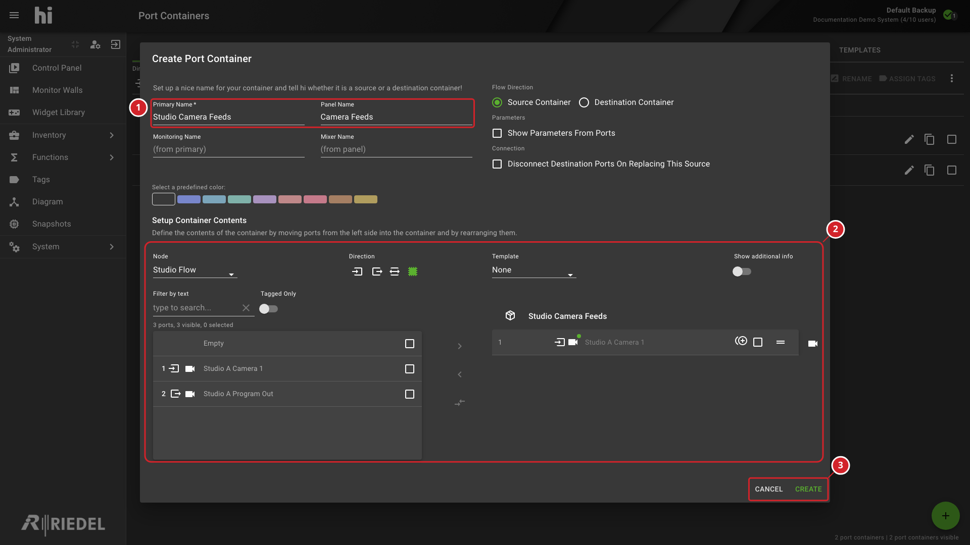 Create Port Container Dialog Showing its identity and setup controls