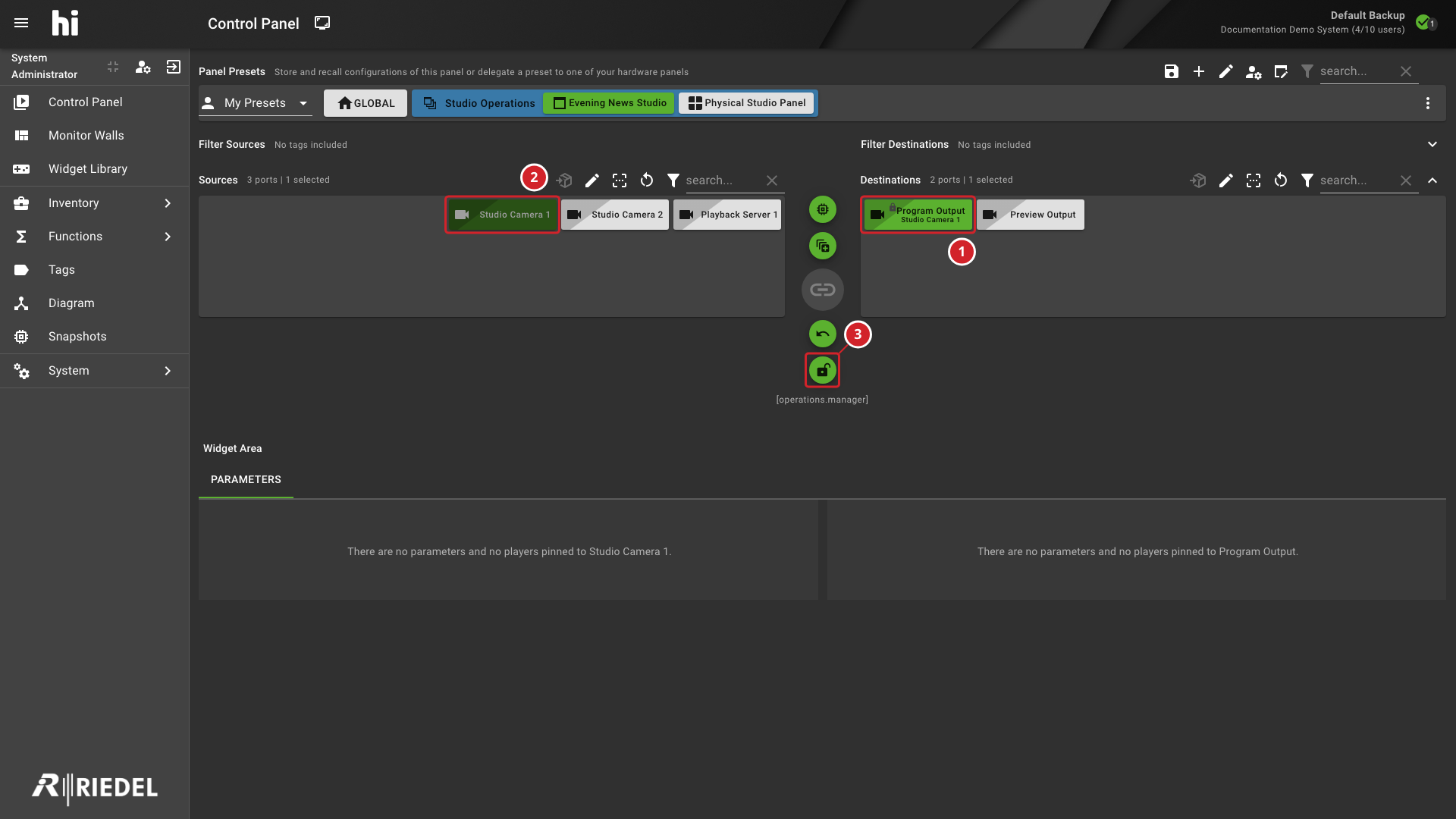 Control Panel Connection Toolbar Showing a Locked Destination