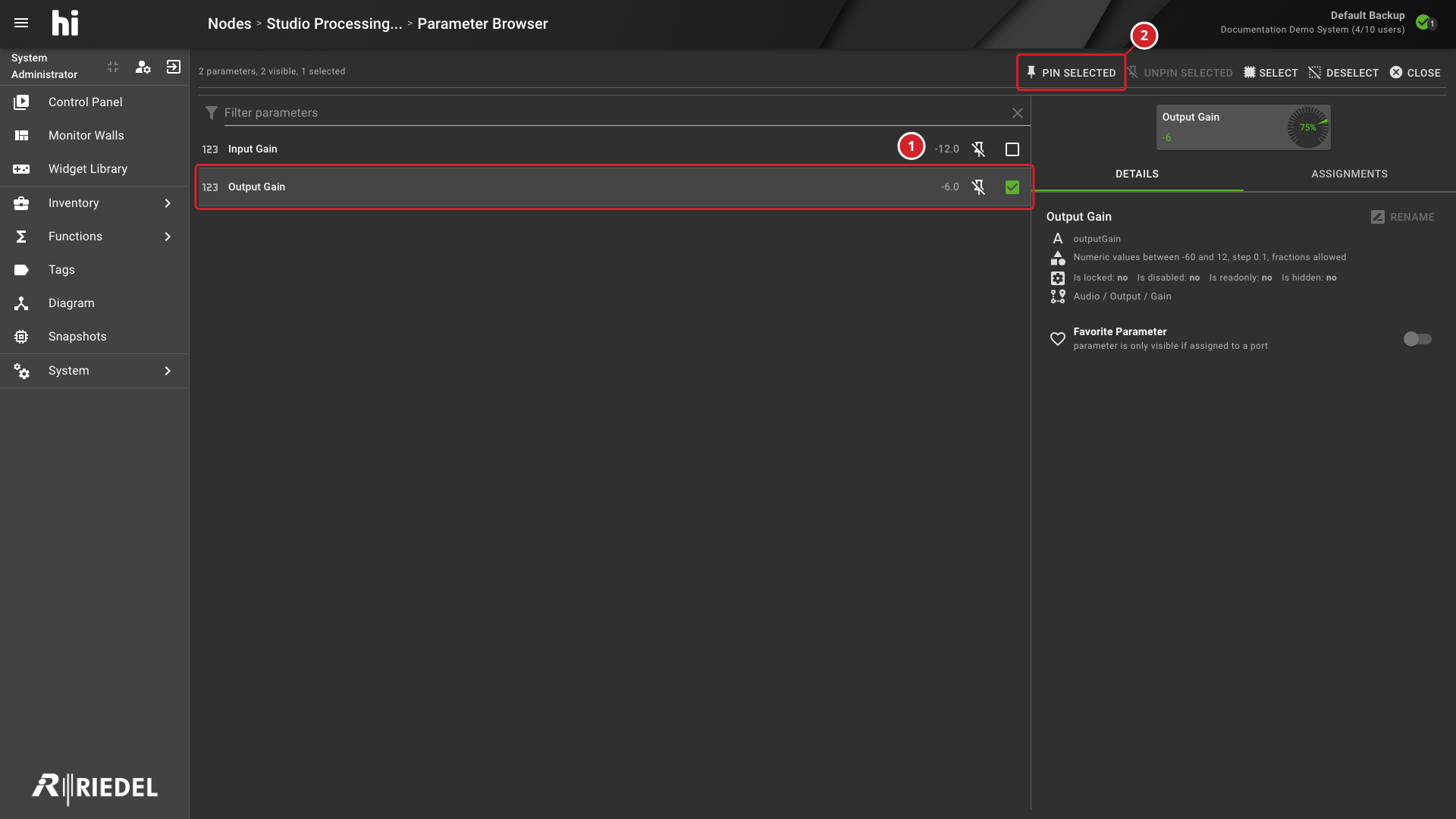 Parameter Browser with a device parameter selected and Pin Selected available